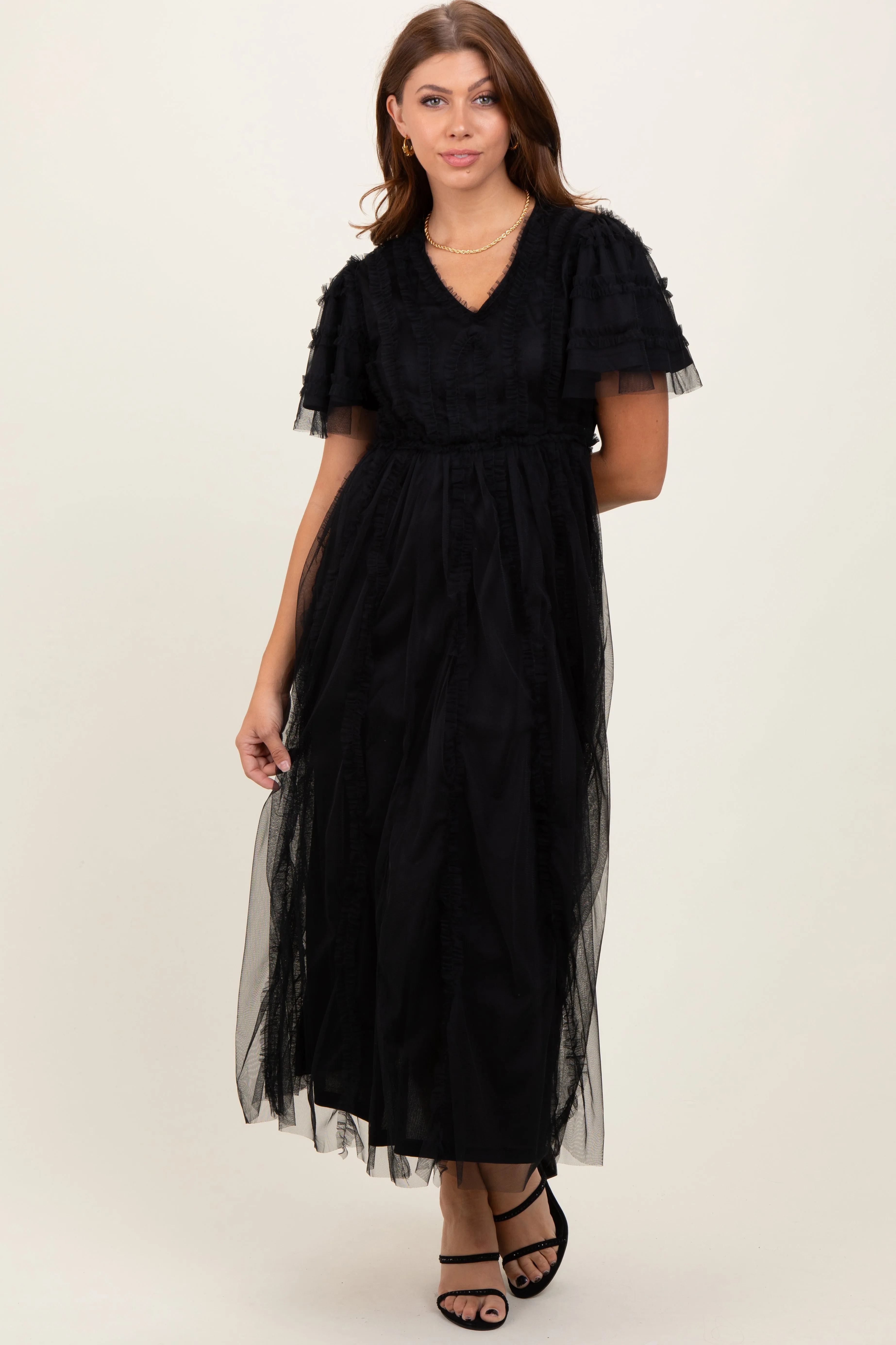 Black Ruffle Accent Mesh Overlay Maternity Maxi Dress sold by Pinkblush product image thumbnail 5