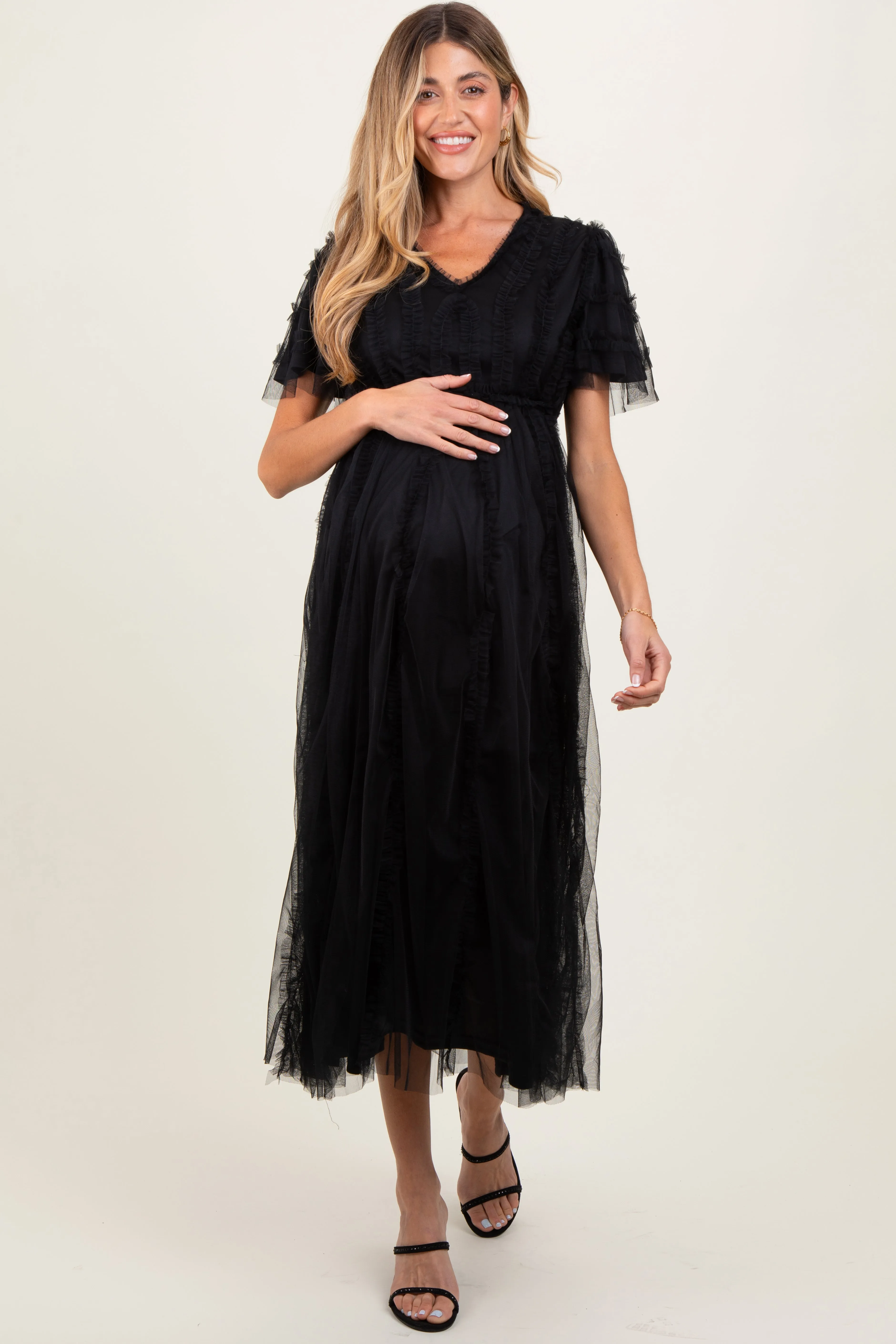 Black Ruffle Accent Mesh Overlay Maternity Maxi Dress sold by Pinkblush product image thumbnail 2
