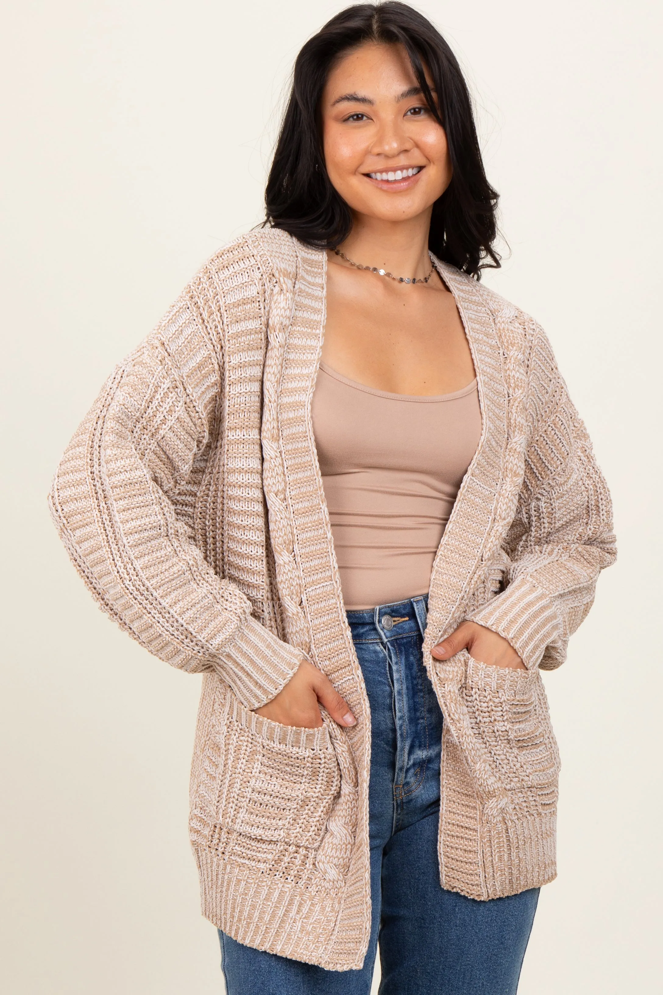 Beige Two Toned Oversized Cable Knit Cardigan sold by Pinkblush product image thumbnail 2