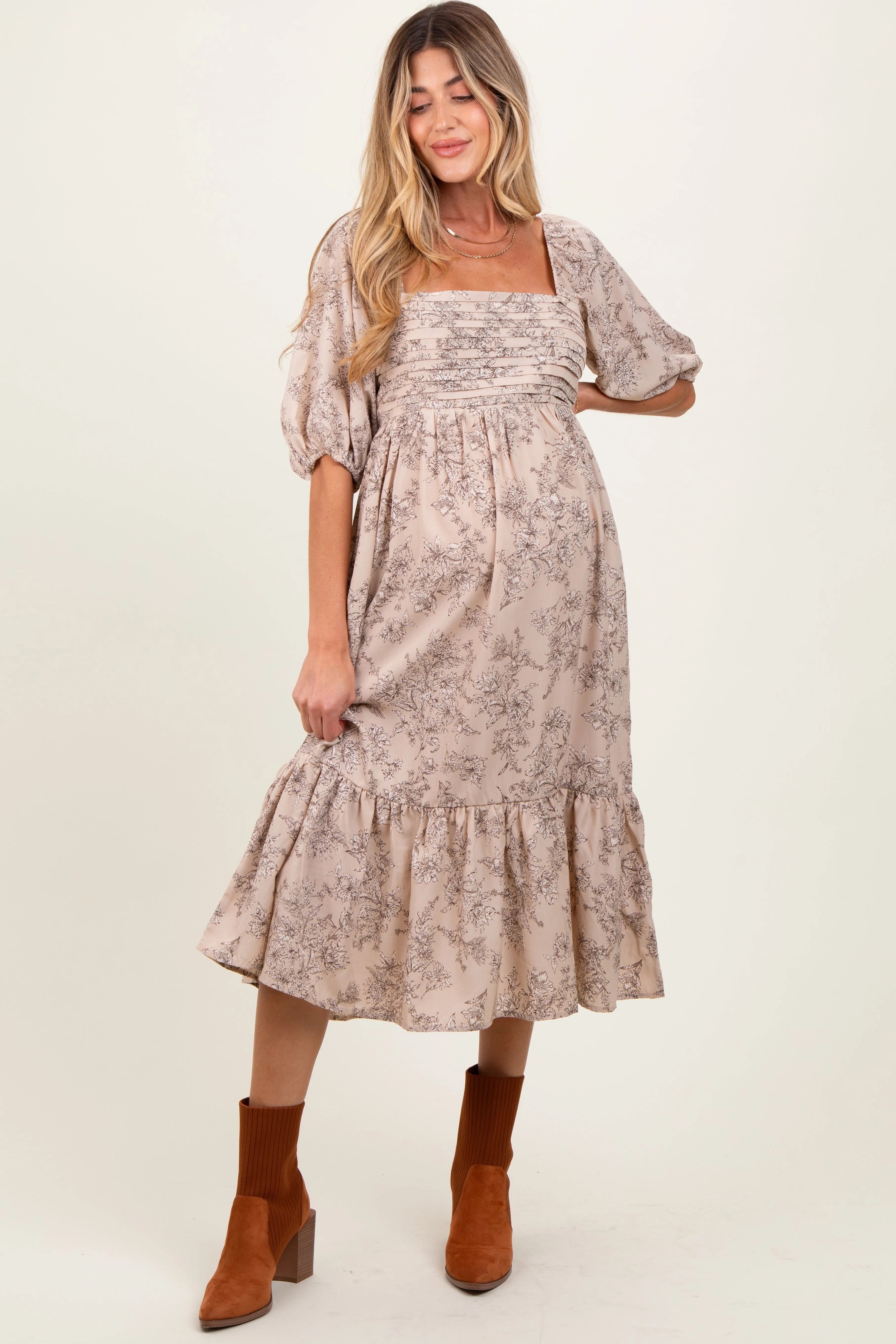 Beige Floral Pleated Bodice Maternity Midi Dress sold by Pinkblush