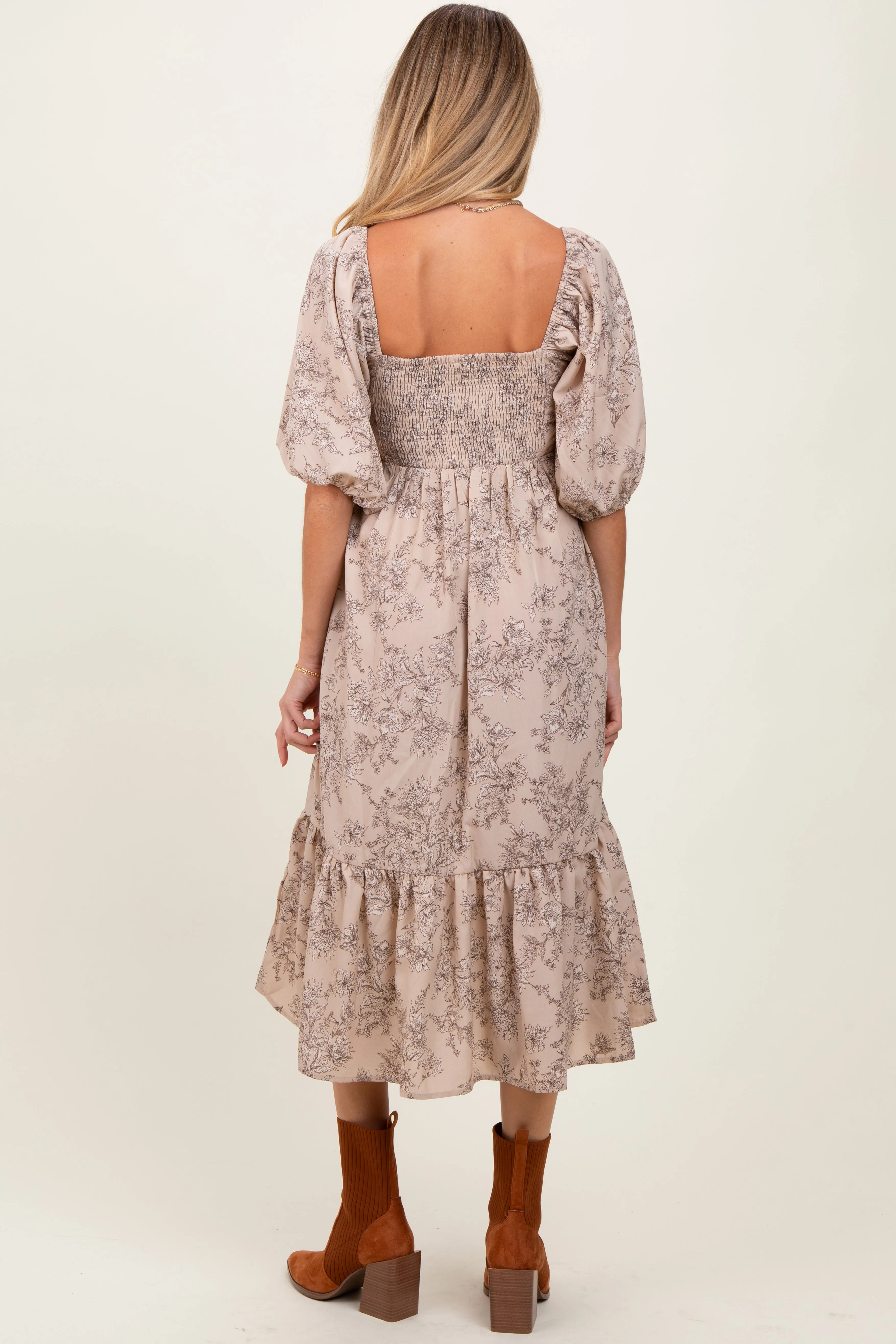 Beige Floral Pleated Bodice Maternity Midi Dress sold by Pinkblush product image thumbnail 3