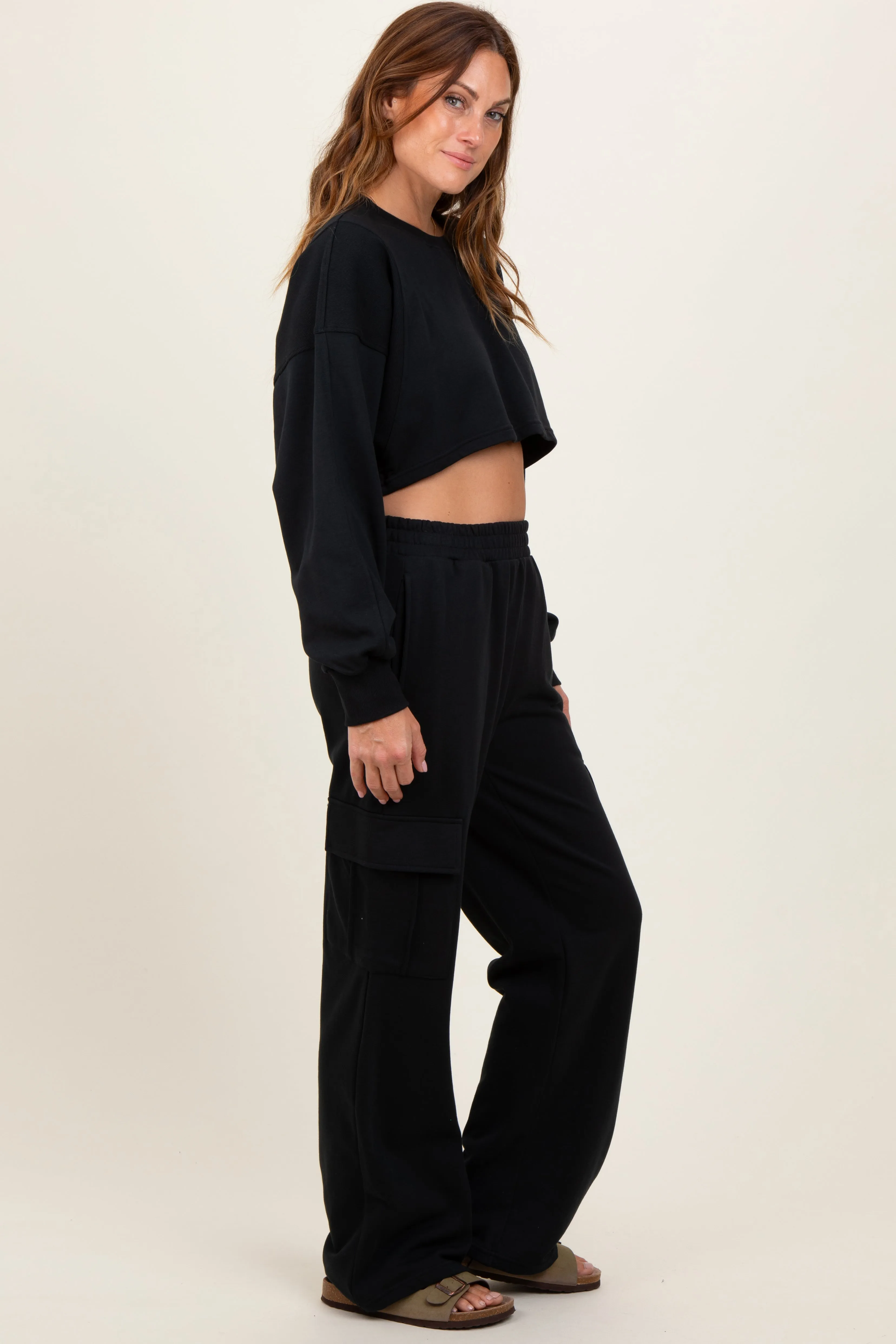 Black Oversized Crop Sweatshirt Cargo Sweatpant Set sold by Pinkblush product image thumbnail 2