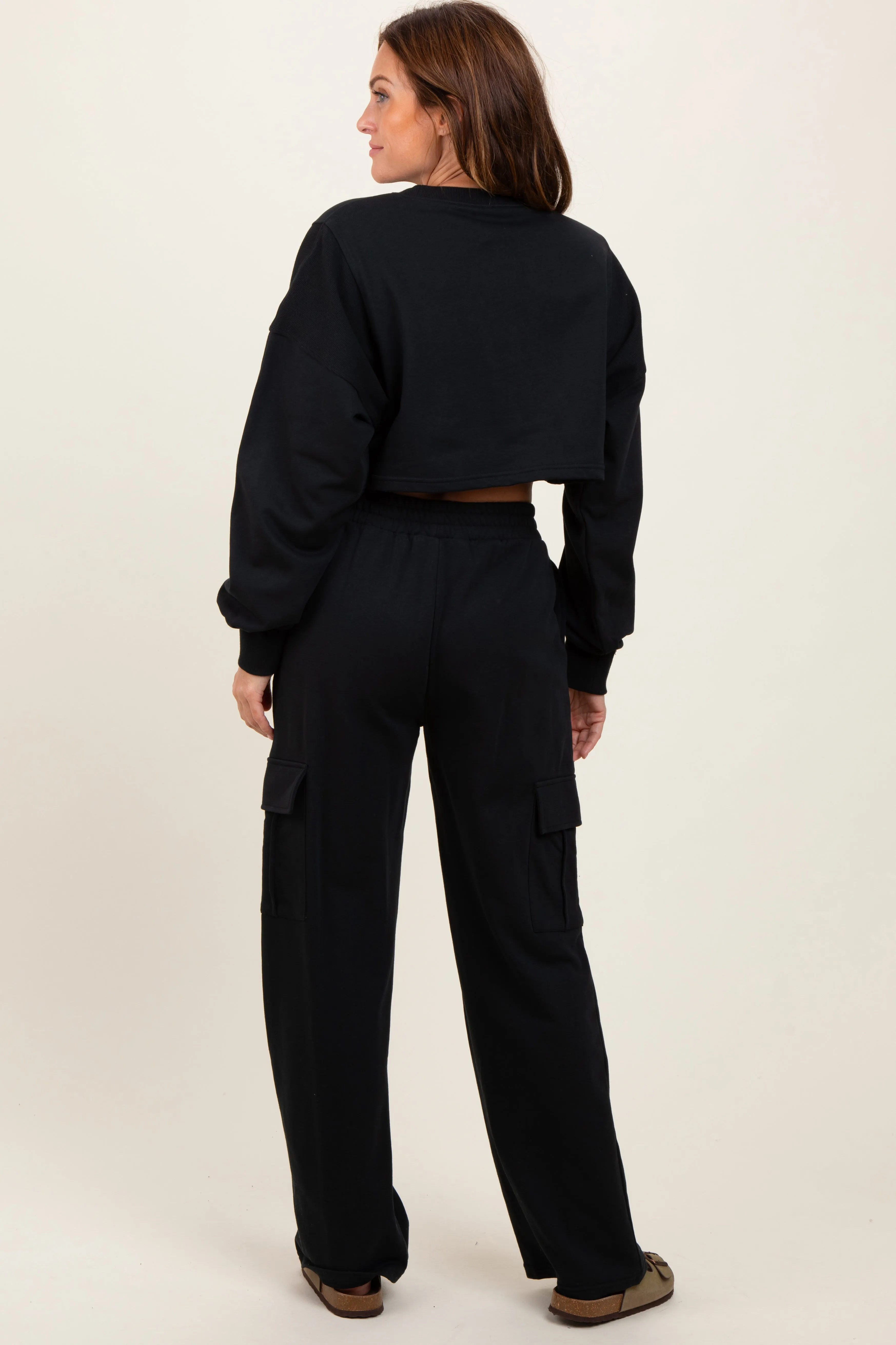 Black Oversized Crop Sweatshirt Cargo Sweatpant Set sold by Pinkblush product image thumbnail 3