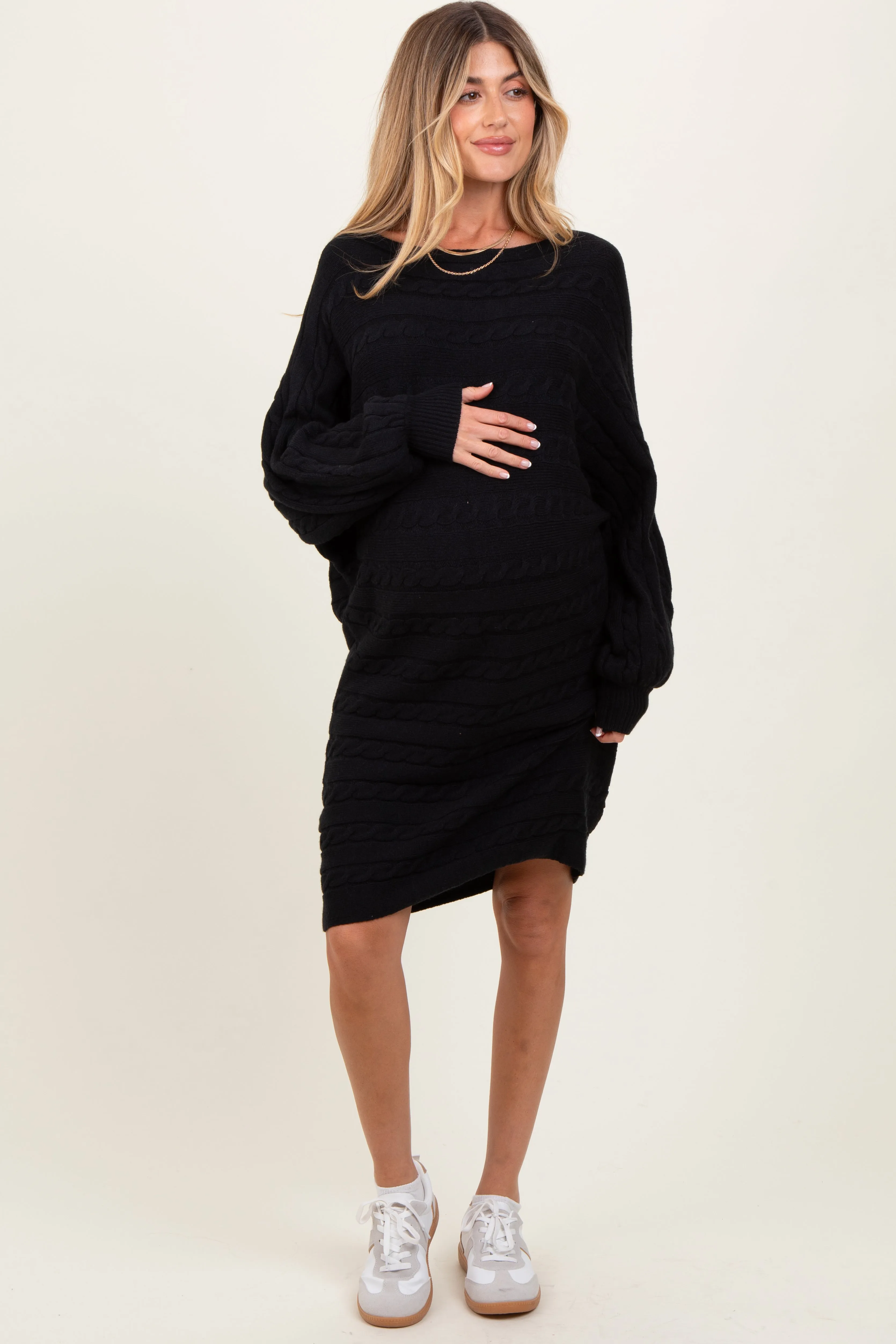 Black Cable Knit Dolman Sleeve Maternity Sweater Mini Dress sold by Pinkblush