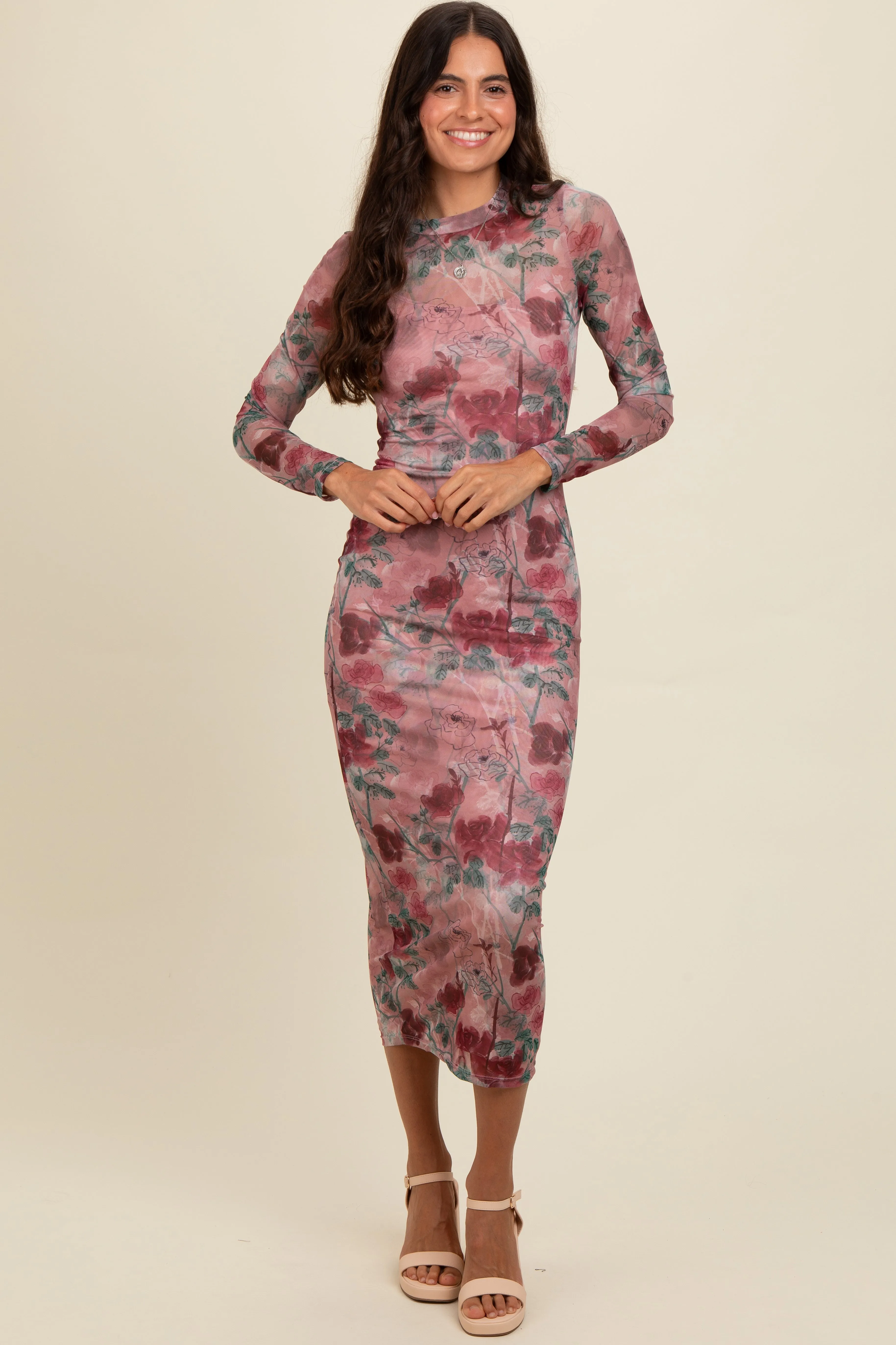 Mauve Floral Printed Mesh Overlay Maxi Dress sold by Pinkblush