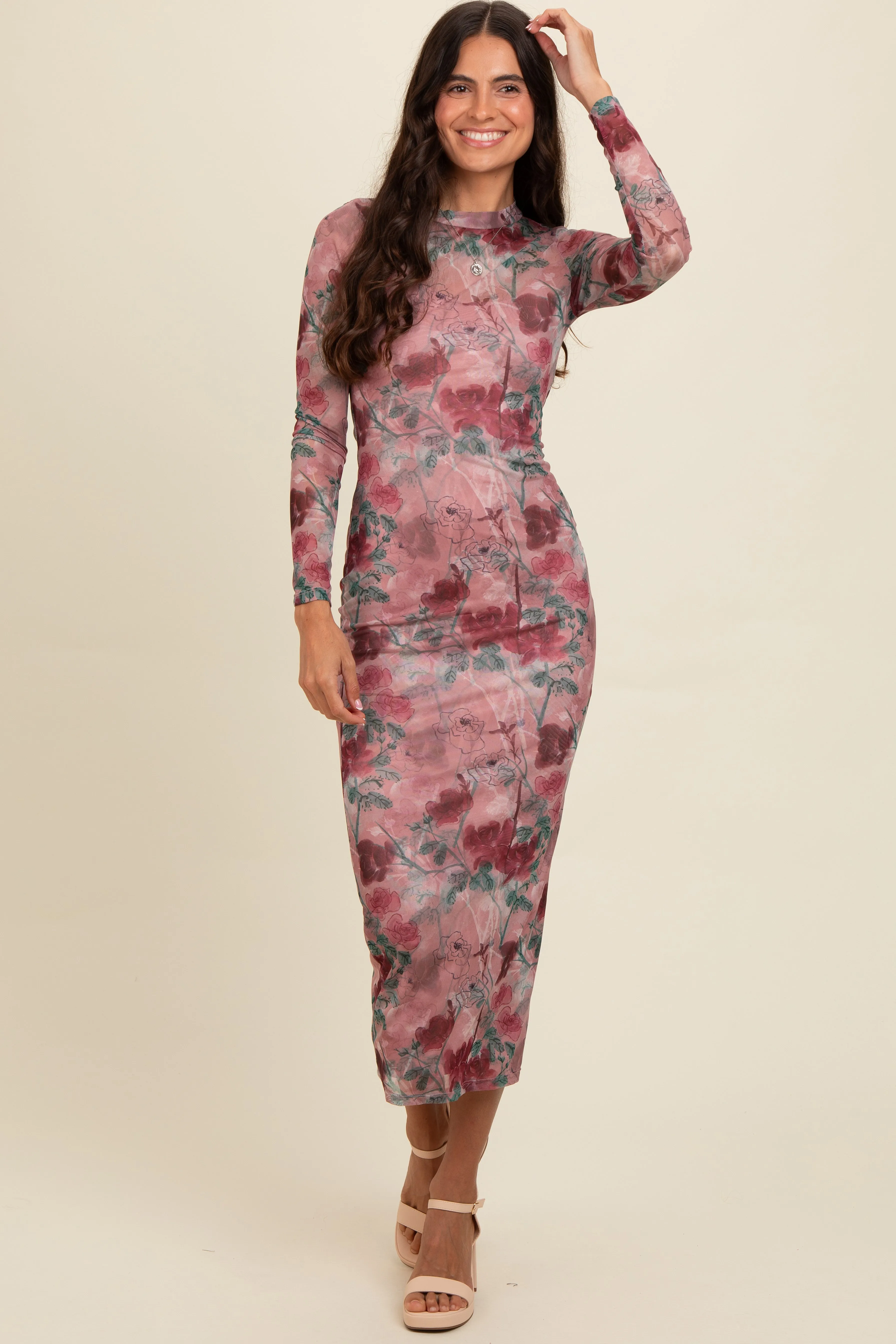 Mauve Floral Printed Mesh Overlay Maxi Dress sold by Pinkblush product image thumbnail 2