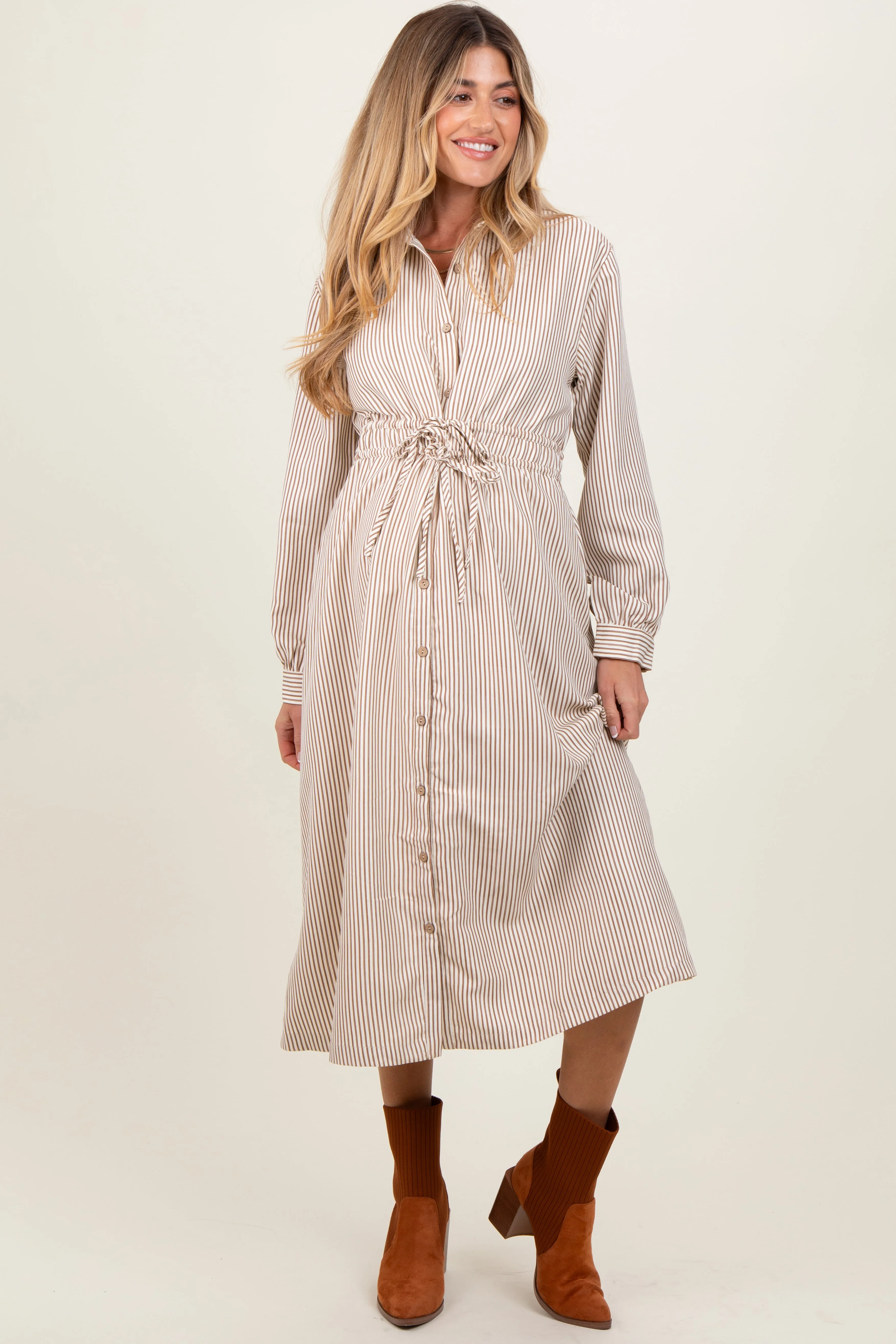 Mocha Striped Sash Tie Maternity Midi Shirt Dress sold by Pinkblush product image thumbnail 2