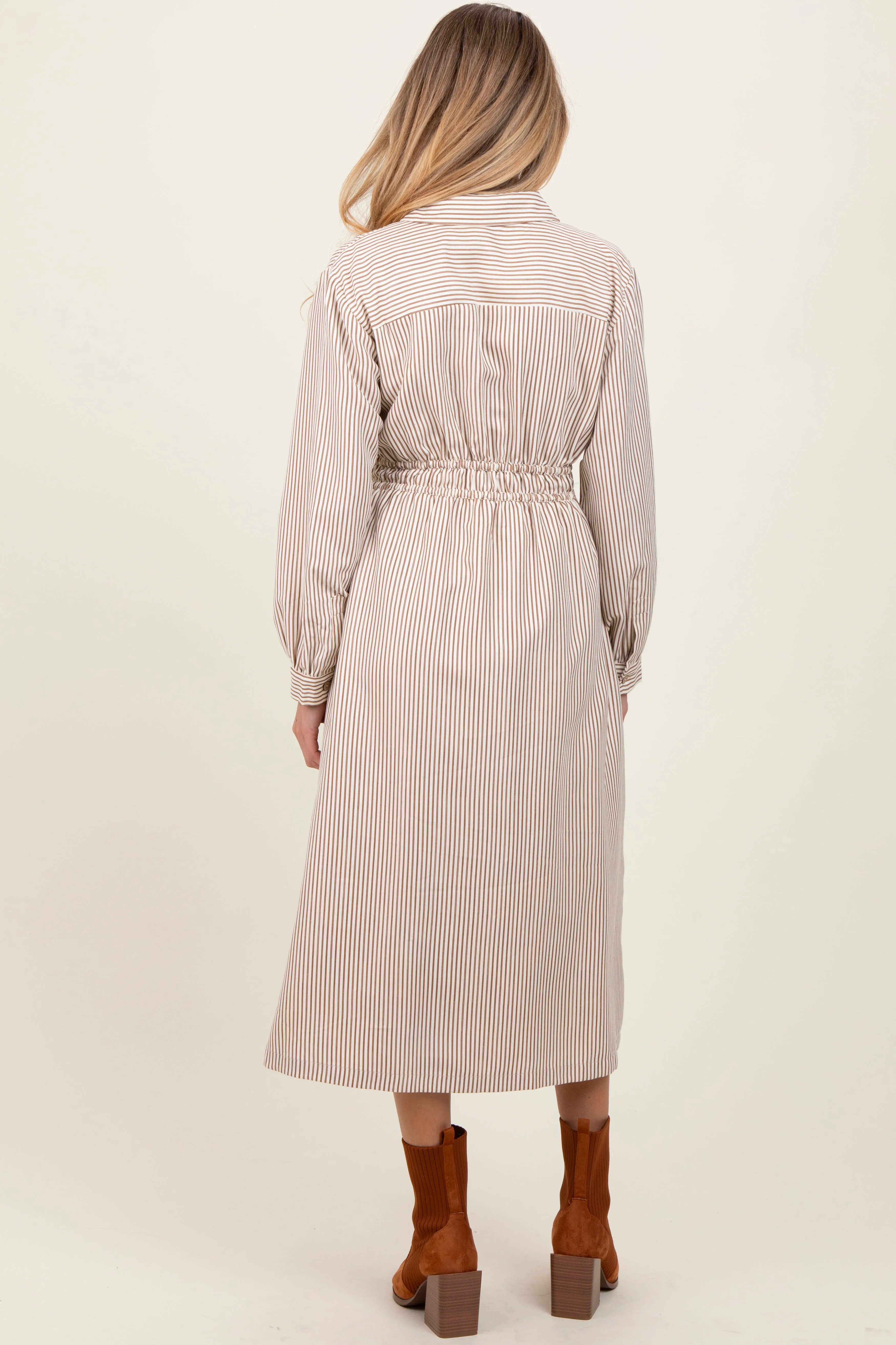 Mocha Striped Sash Tie Maternity Midi Shirt Dress sold by Pinkblush product image thumbnail 3