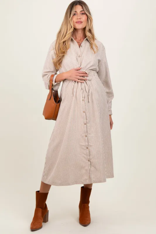 Mocha Striped Sash Tie Maternity Midi Shirt Dress sold by Pinkblush