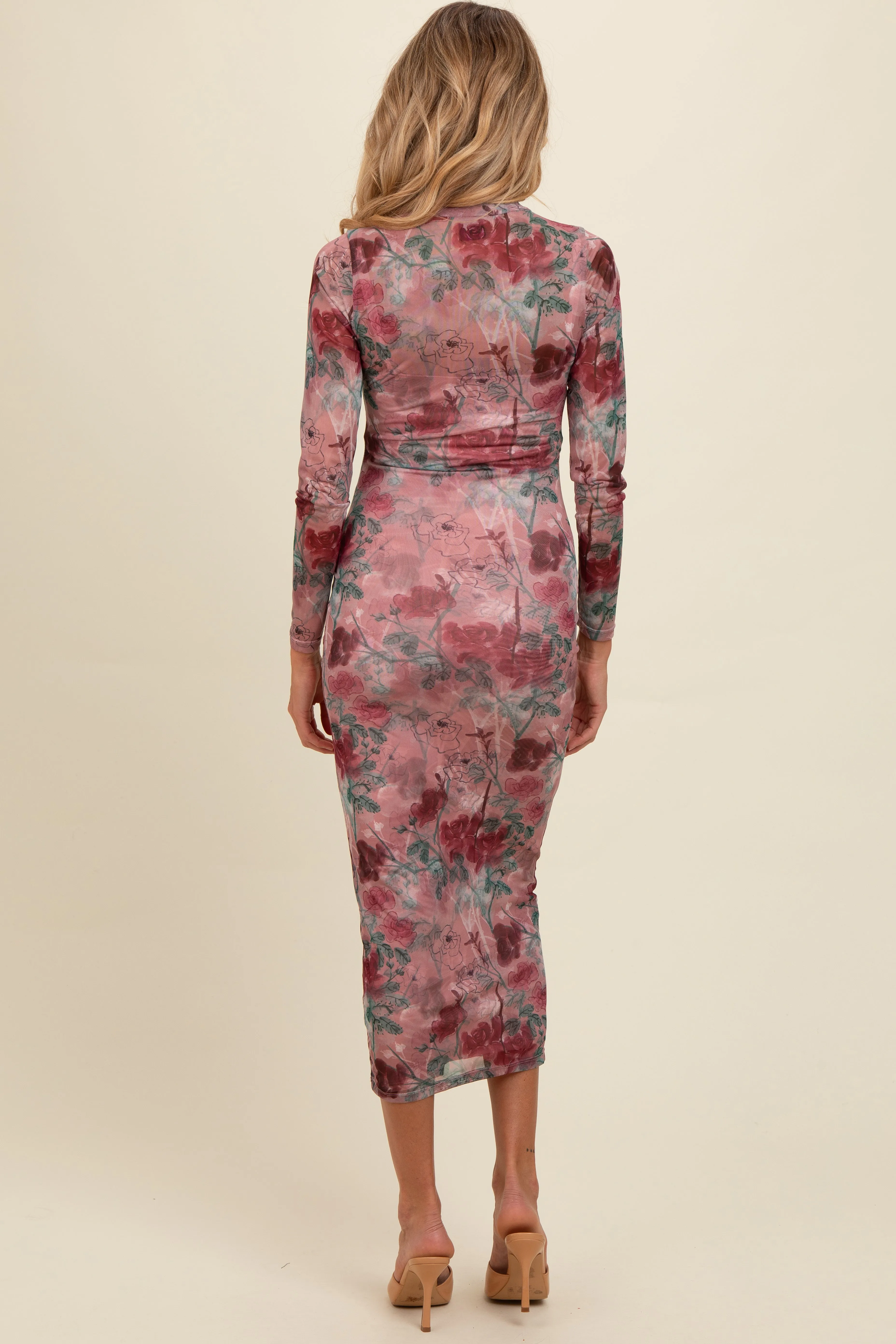 Mauve Floral Printed Mesh Overlay Maternity Maxi Dress sold by Pinkblush product image thumbnail 3