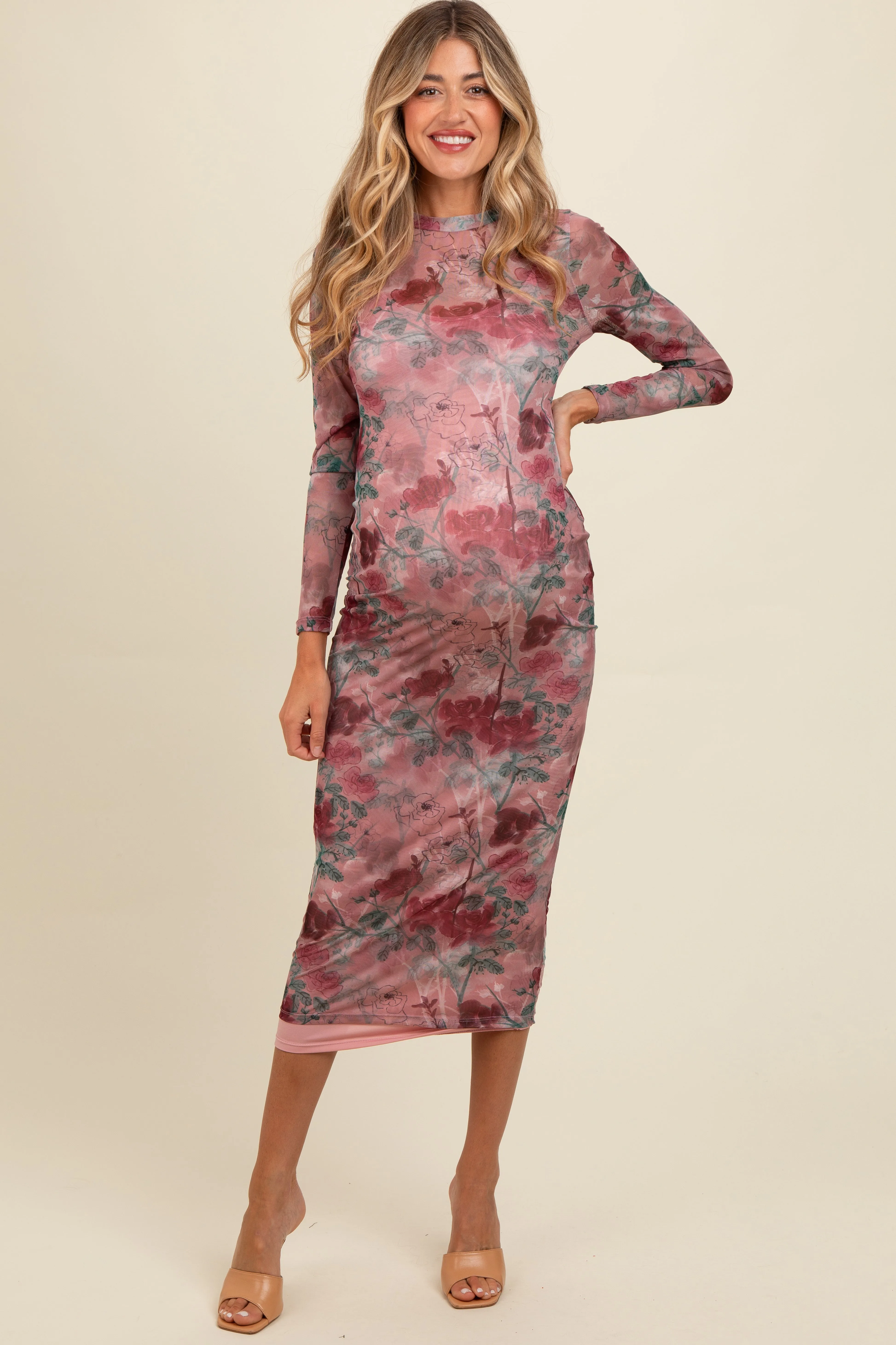 Mauve Floral Printed Mesh Overlay Maternity Maxi Dress sold by Pinkblush product image thumbnail 2