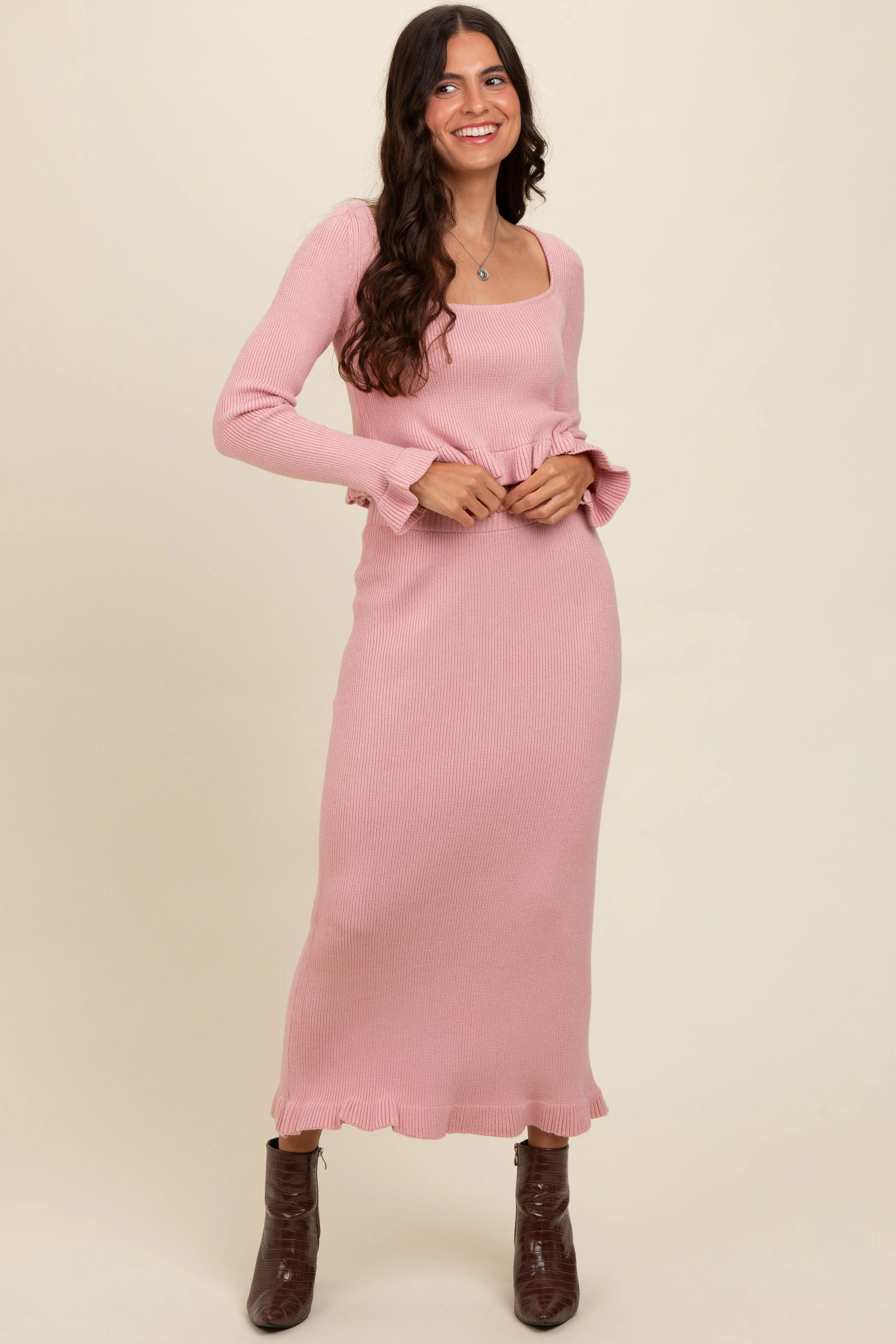 Pink Ruffle Hem Knit Top And Midi Skirt Set sold by Pinkblush