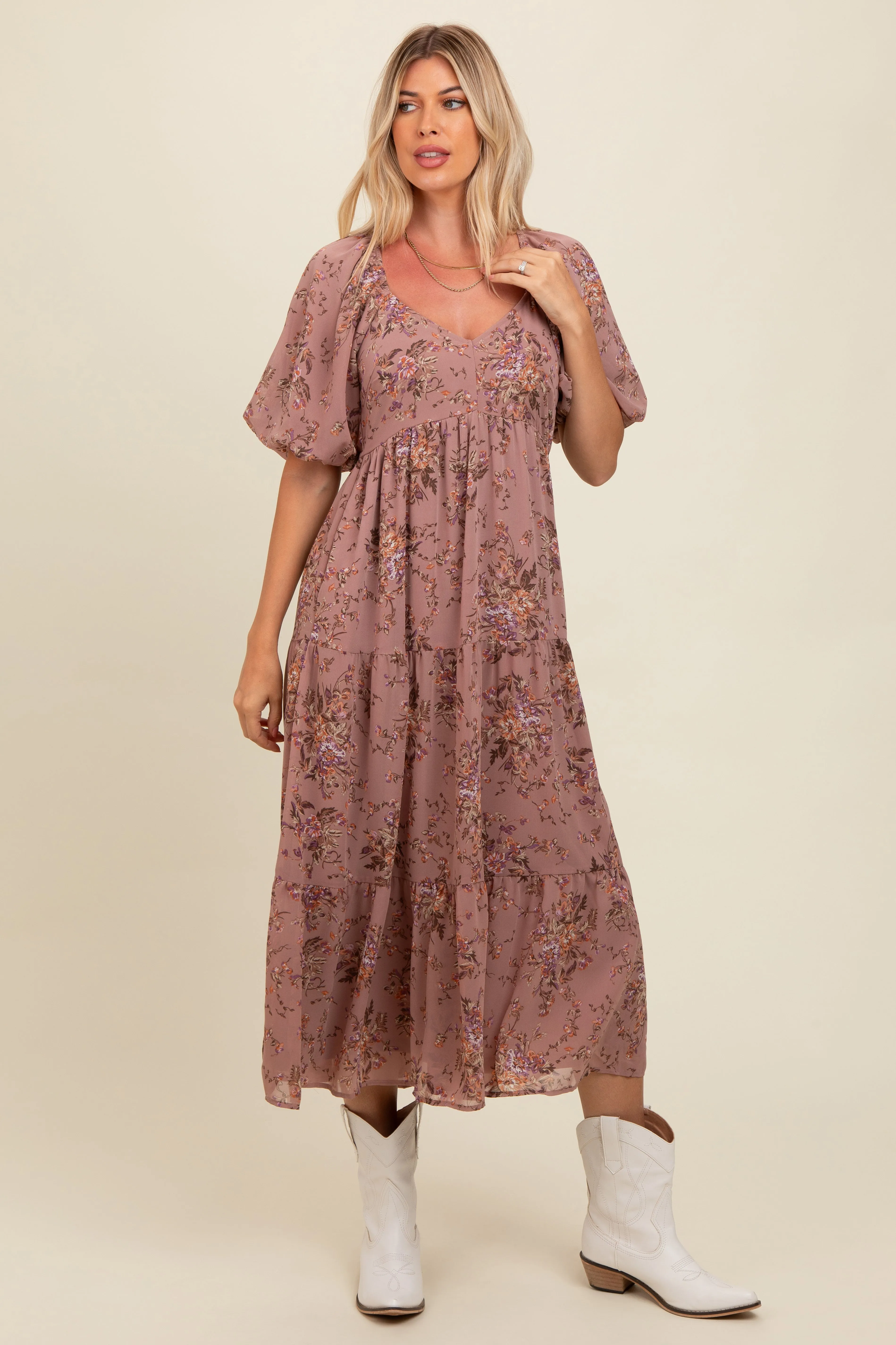 Mauve Floral Tiered Puff Sleeve Maxi Dress sold by Pinkblush product image thumbnail 3