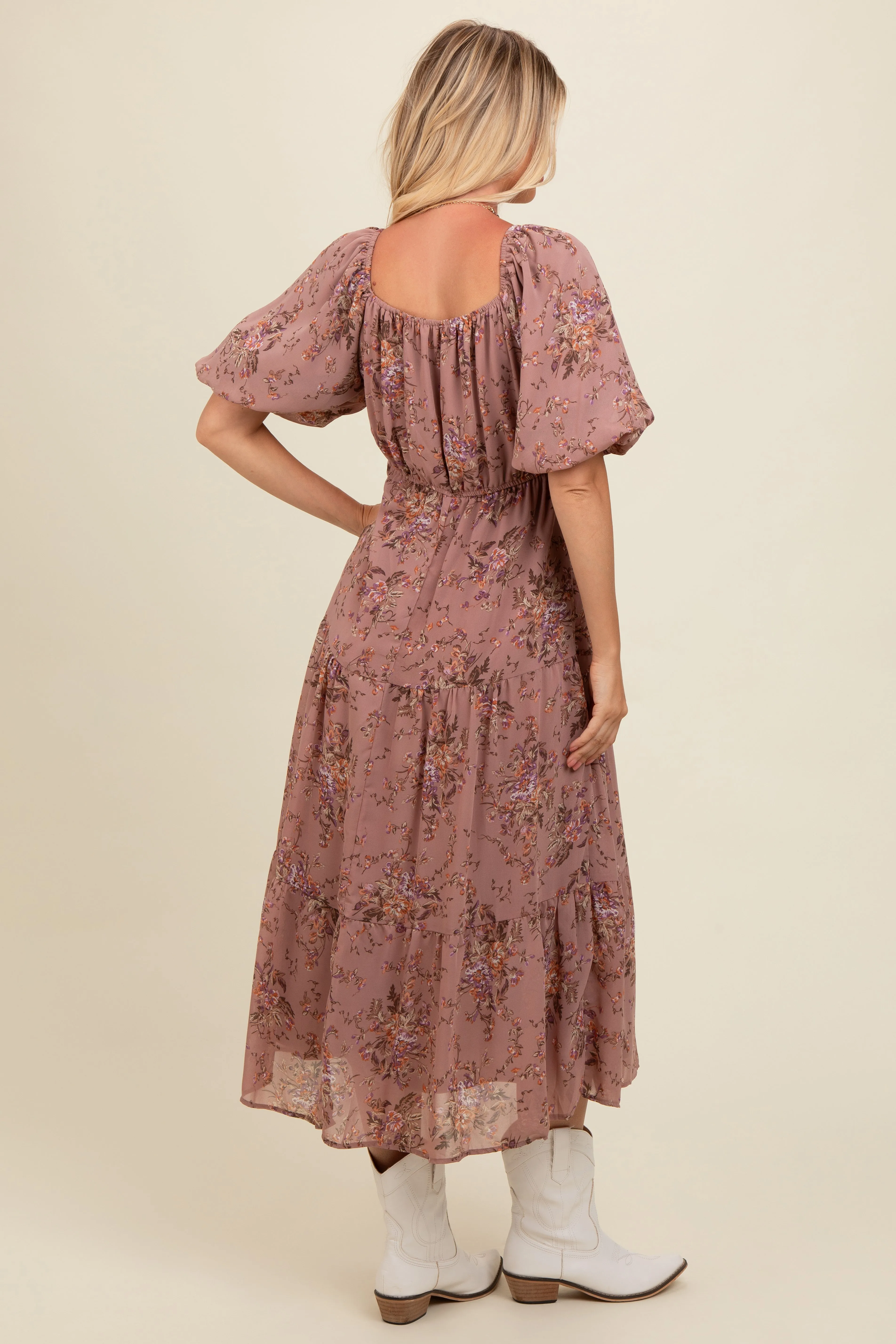 Mauve Floral Tiered Puff Sleeve Maxi Dress sold by Pinkblush product image thumbnail 4
