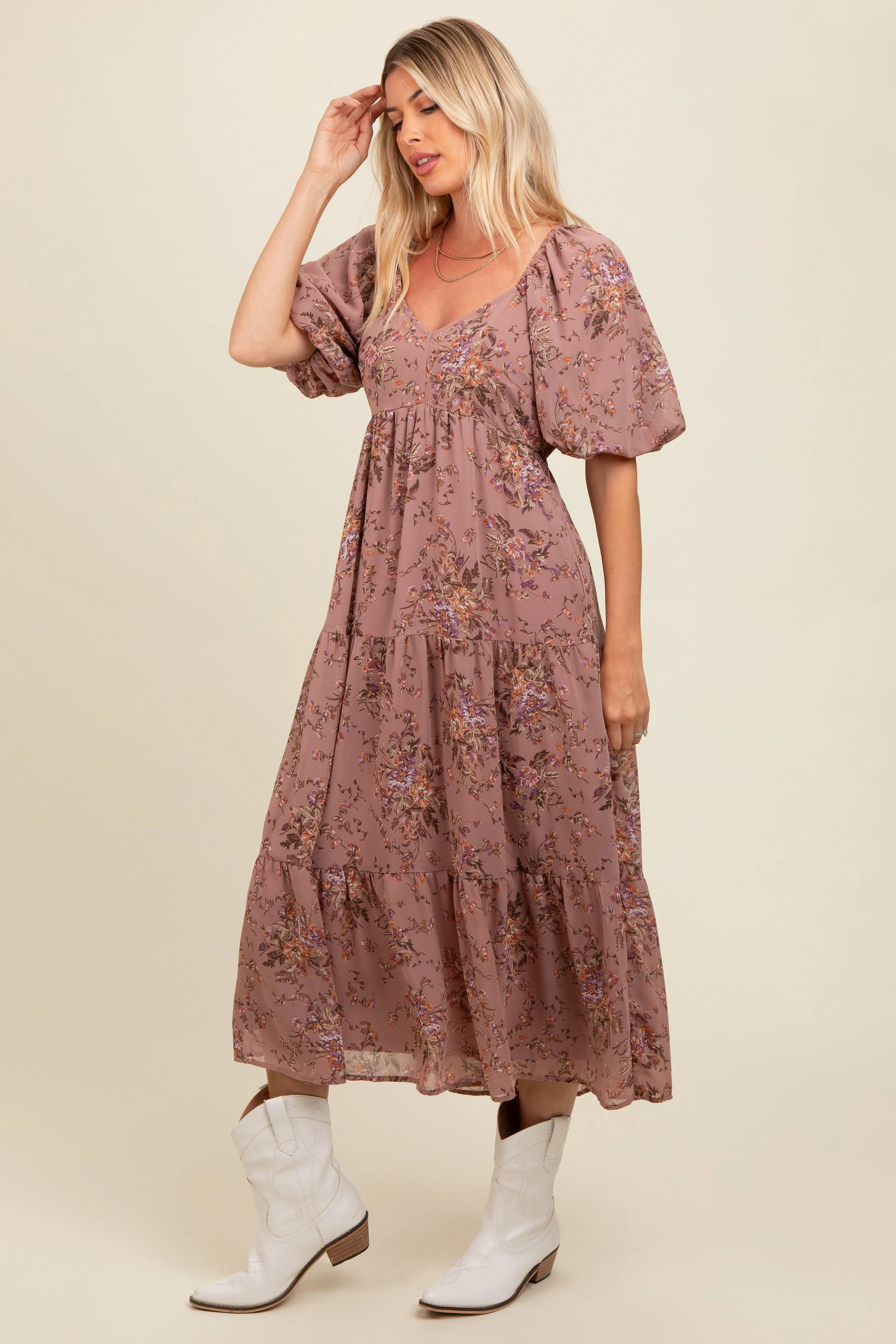 Mauve Floral Tiered Puff Sleeve Maxi Dress sold by Pinkblush