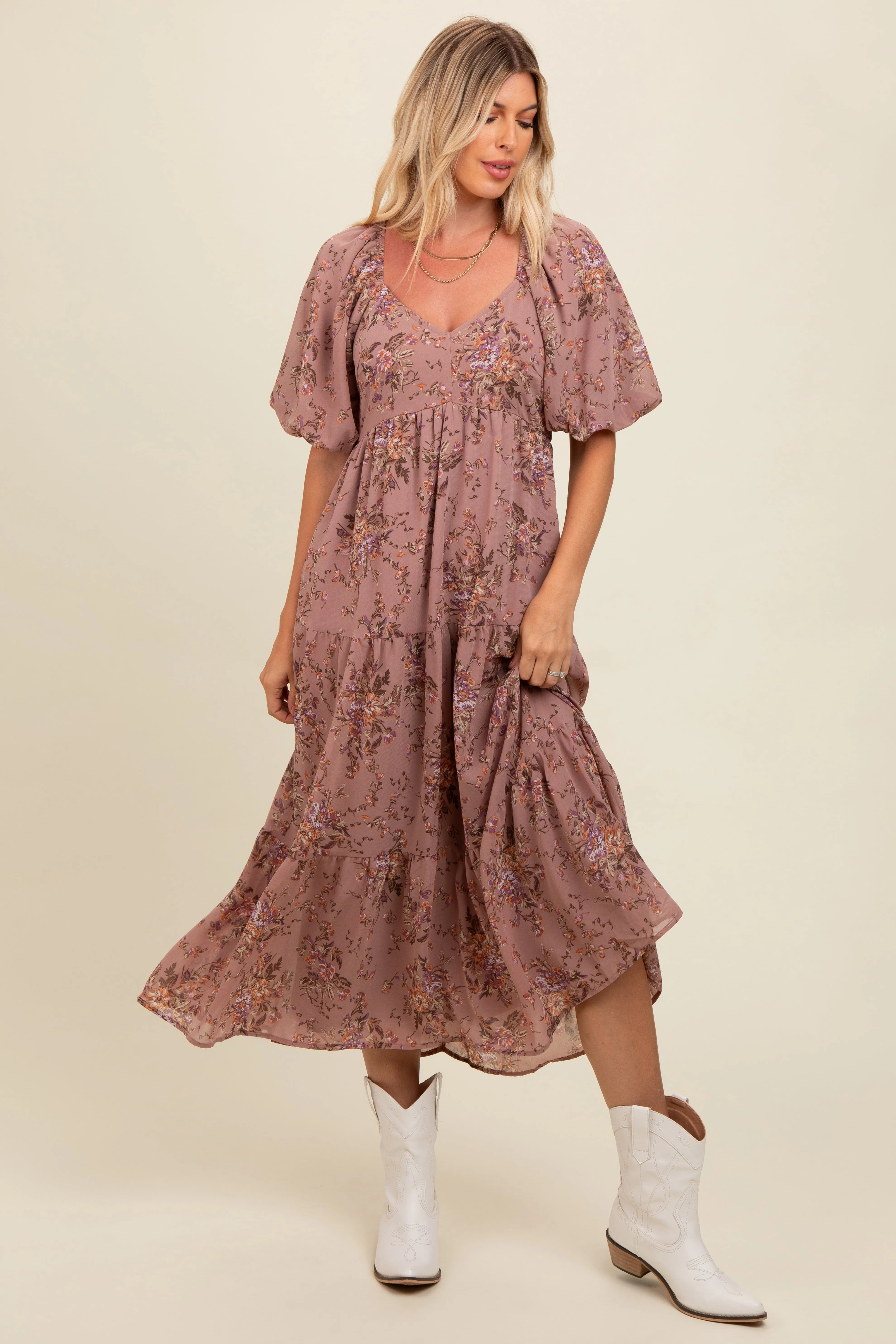 Mauve Floral Tiered Puff Sleeve Maxi Dress sold by Pinkblush product image thumbnail 2