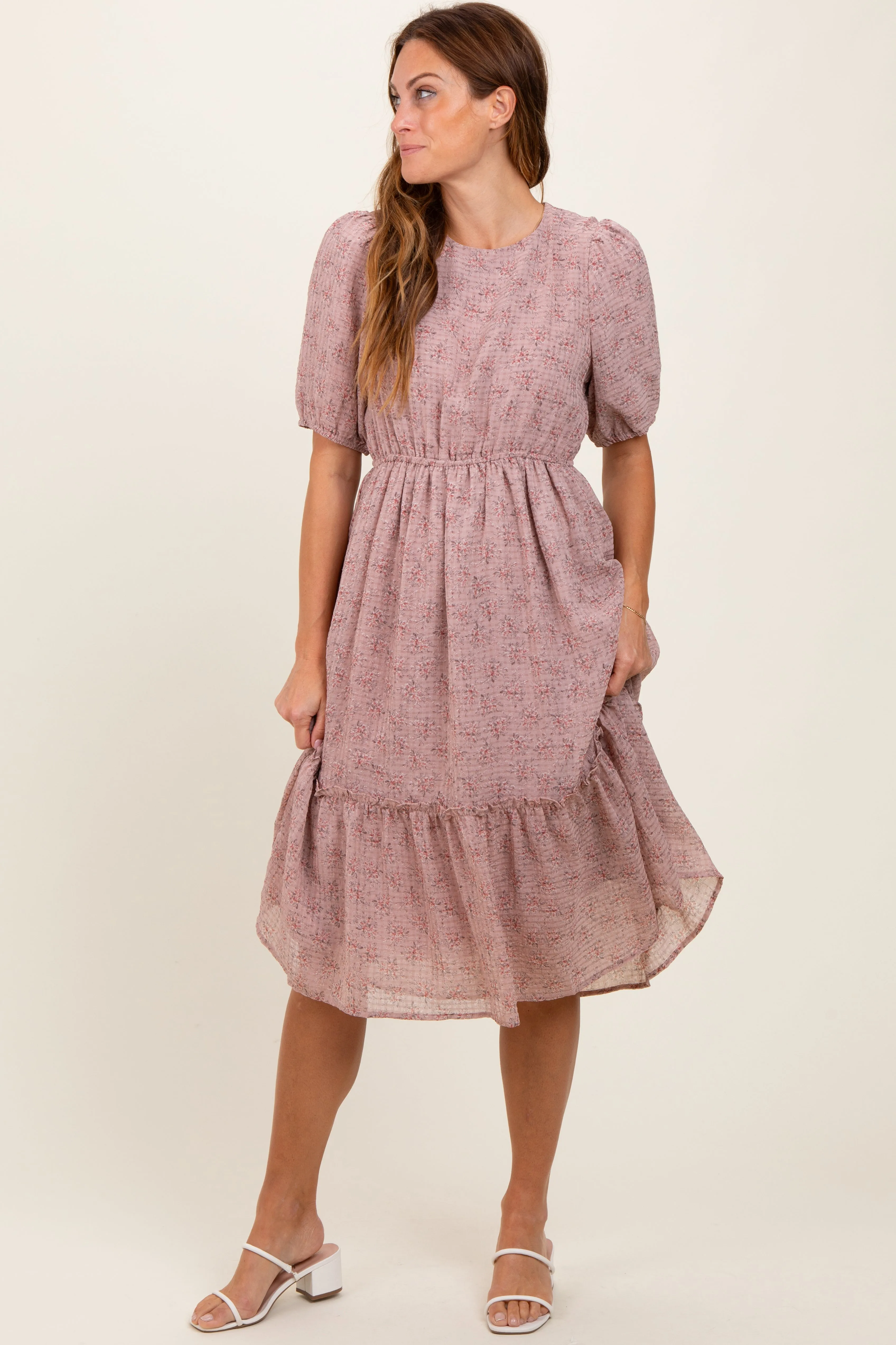 Mauve Printed Textured Midi Dress sold by Pinkblush