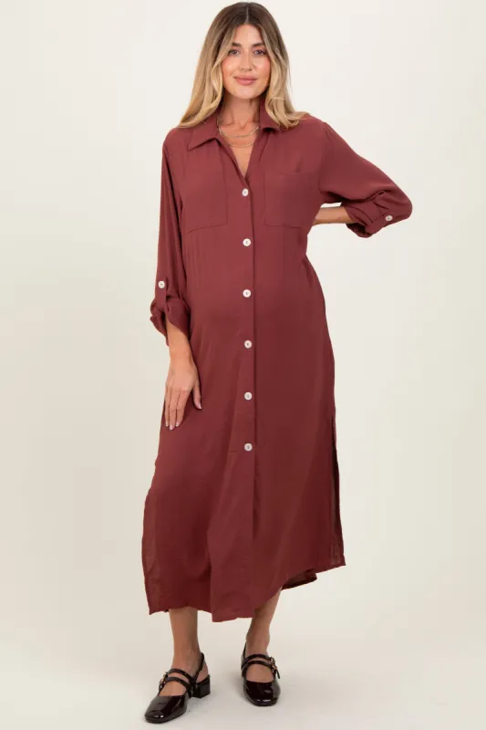 Rust Long Sleeve Button Down Maternity Maxi Dress sold by Pinkblush