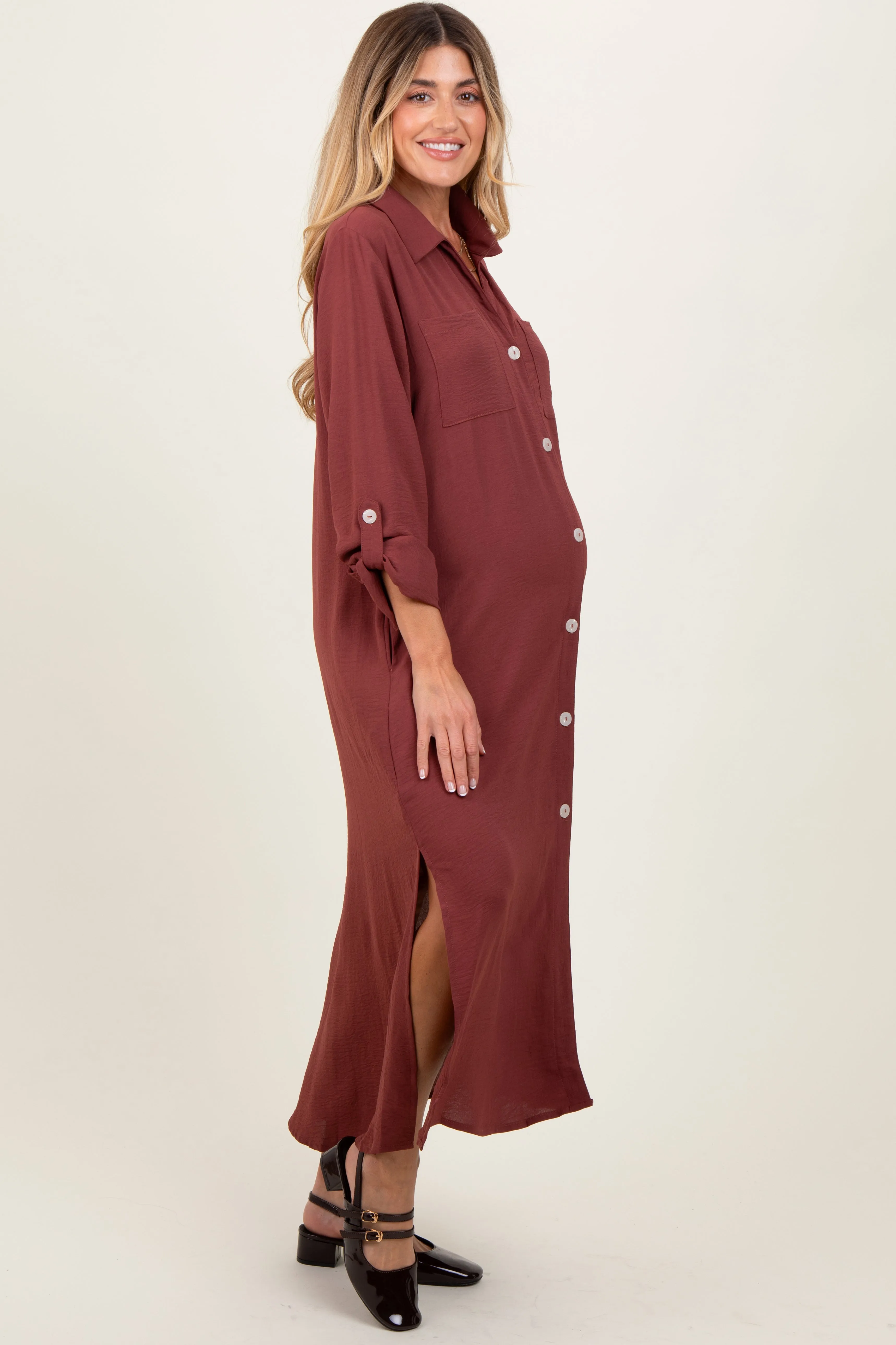 Rust Long Sleeve Button Down Maternity Maxi Dress sold by Pinkblush product image thumbnail 2