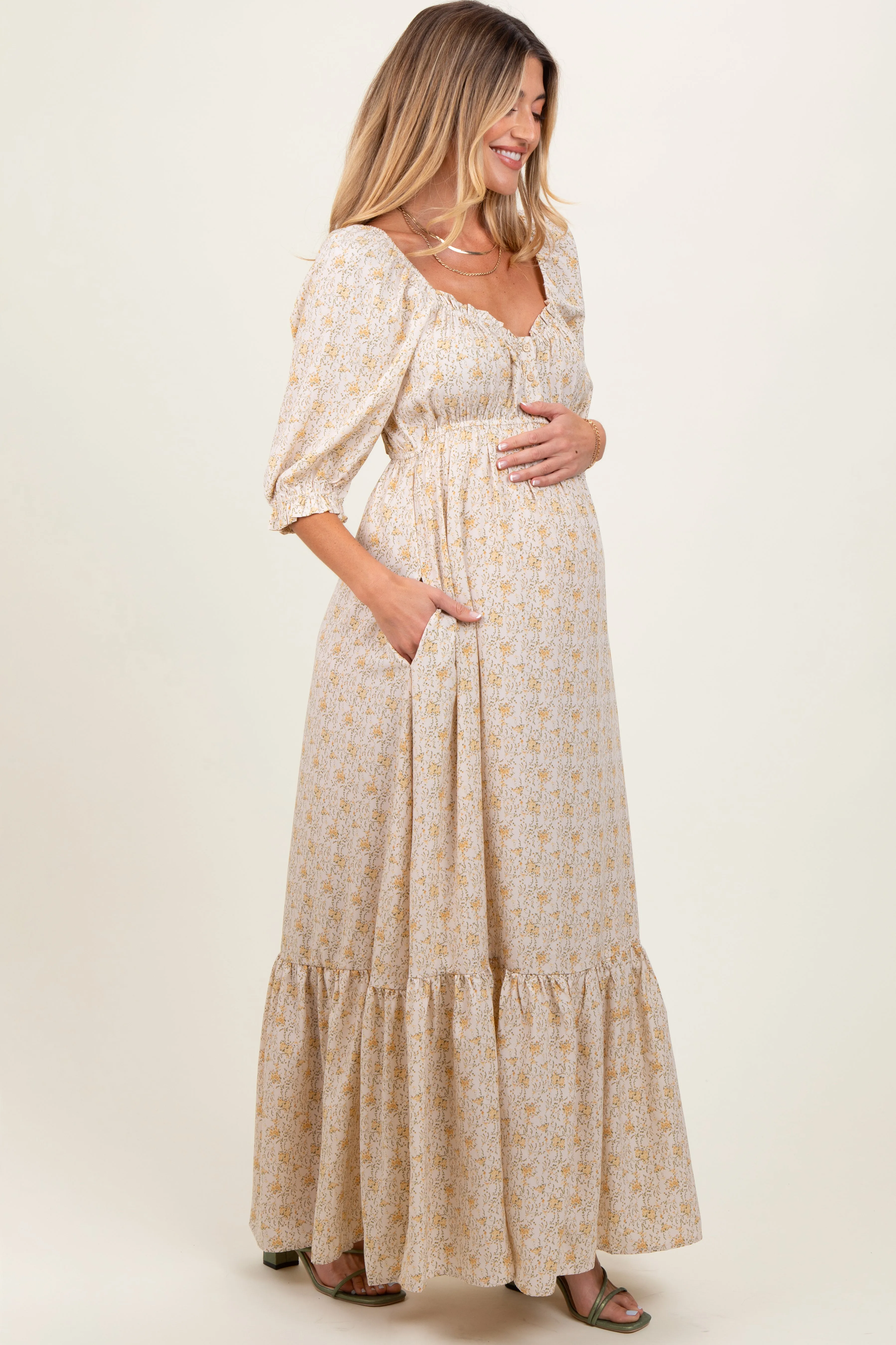 Cream Floral Sweetheart Neckline Maternity Maxi Dress sold by Pinkblush product image thumbnail 2