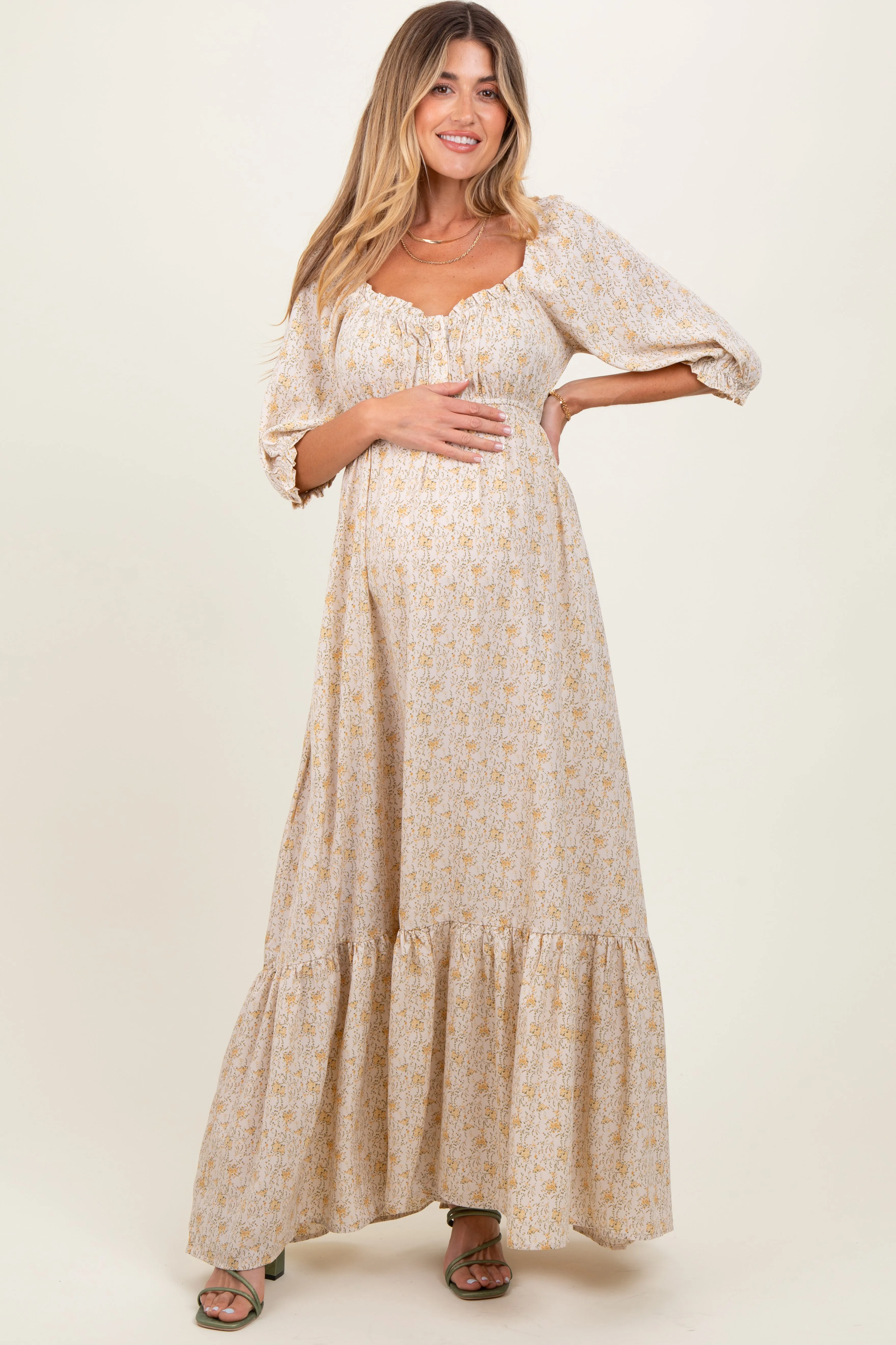 Cream Floral Sweetheart Neckline Maternity Maxi Dress sold by Pinkblush