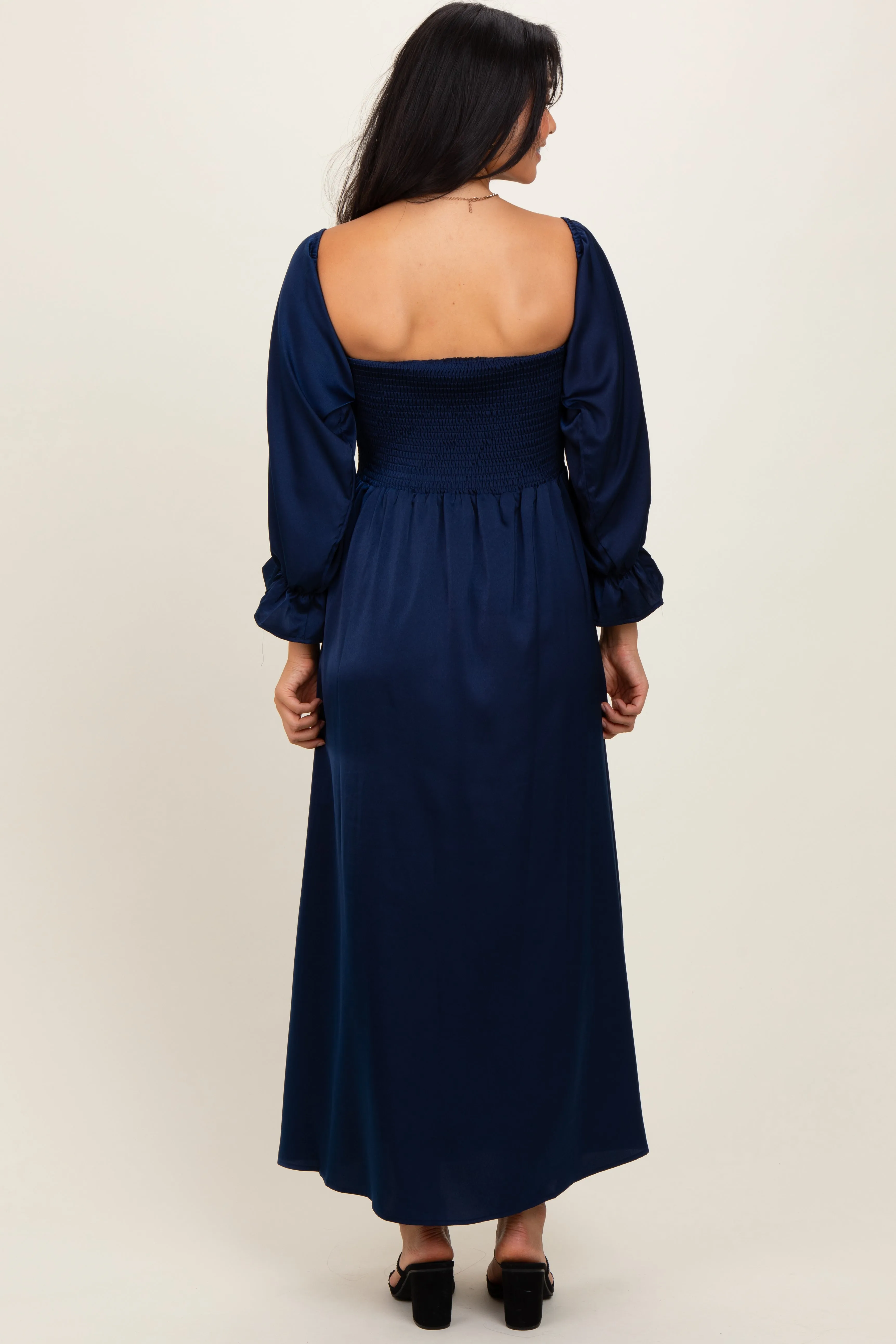 Navy Off Shoulder Satin Pleated Bodice Maxi Dress sold by Pinkblush product image thumbnail 2