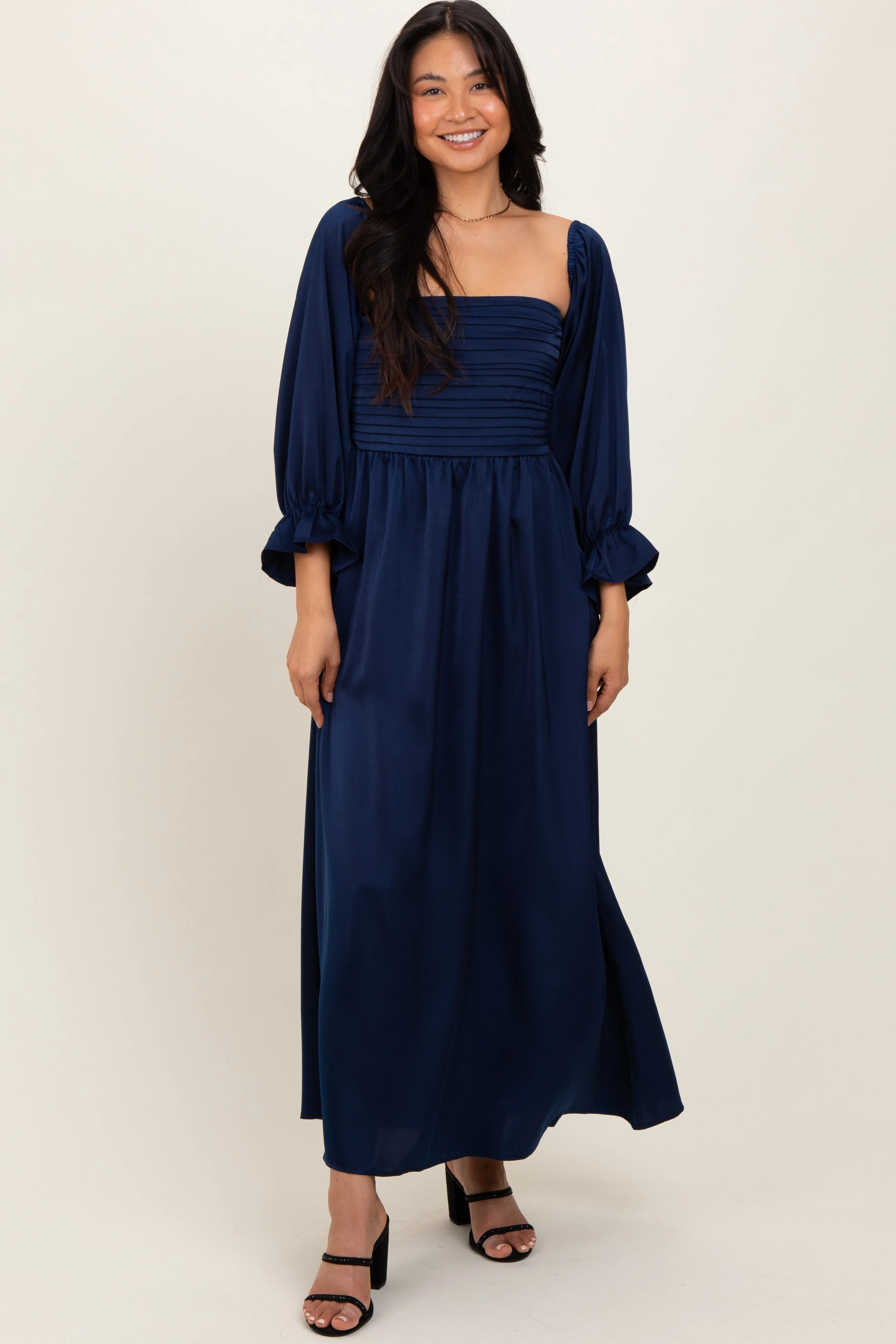 Navy Off Shoulder Satin Pleated Bodice Maxi Dress sold by Pinkblush