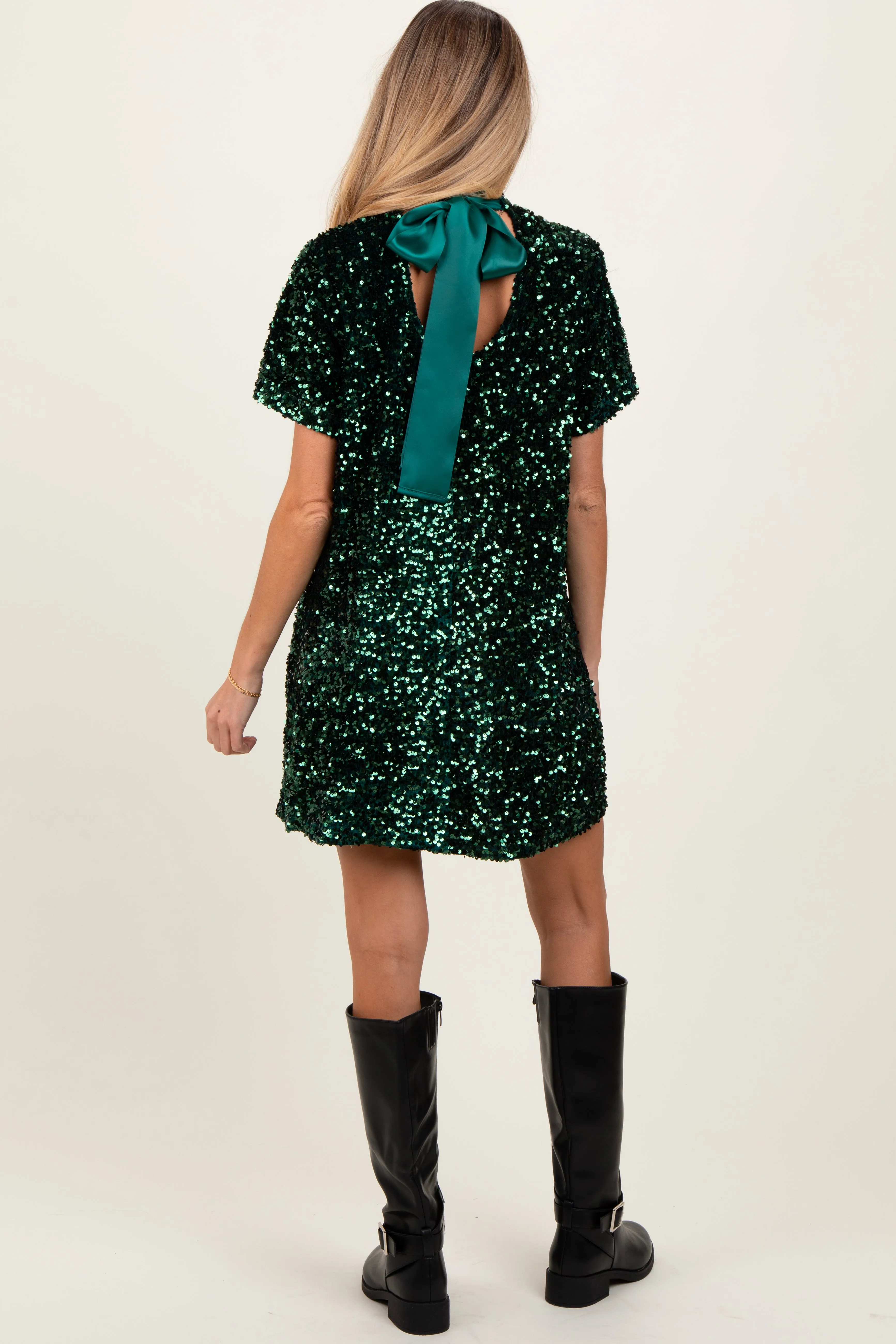 Forest Green Sequin Mock Neck Tie Back Maternity Dress sold by Pinkblush product image thumbnail 3