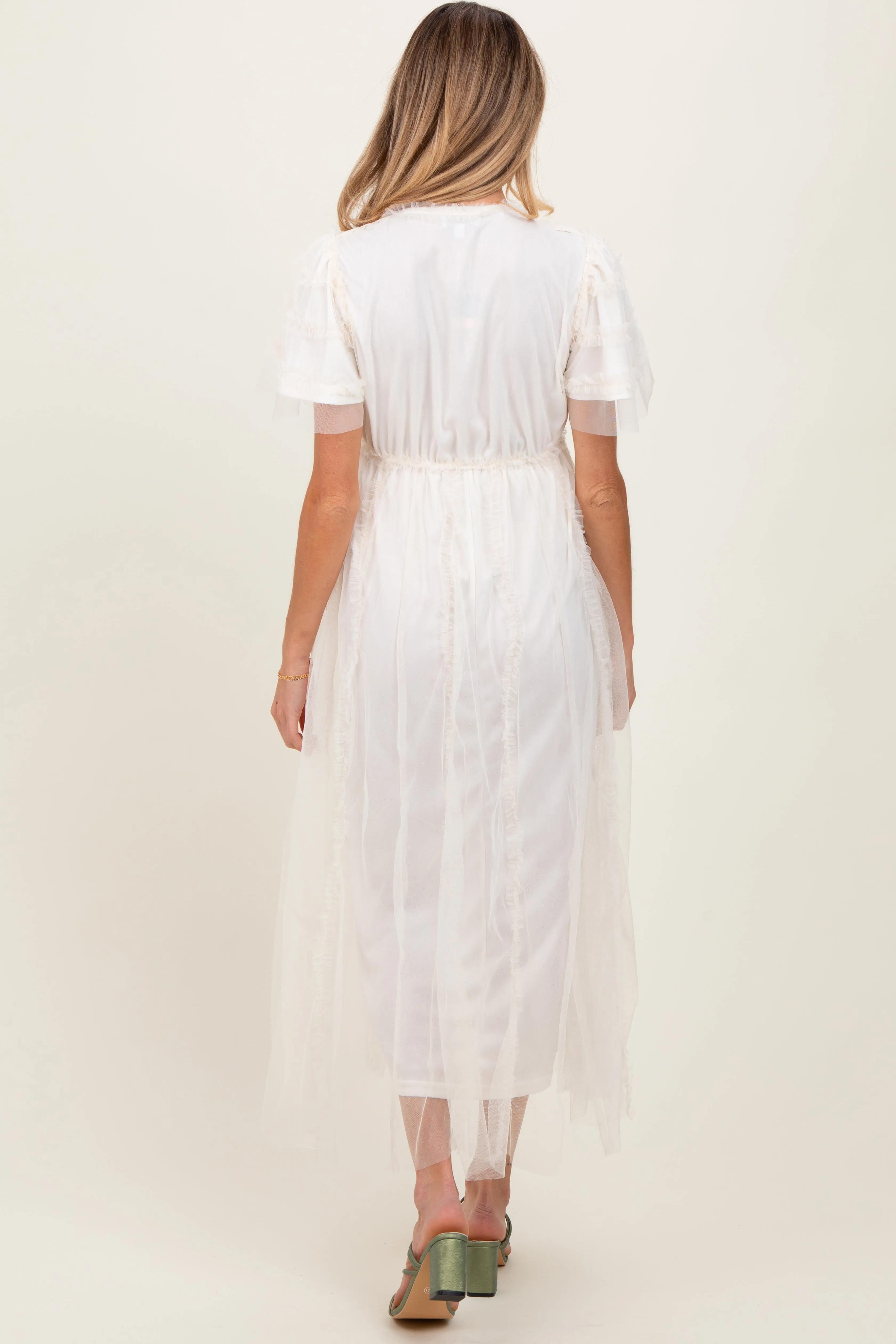 Cream Ruffle Accent Mesh Overlay Maternity Maxi Dress sold by Pinkblush product image thumbnail 4
