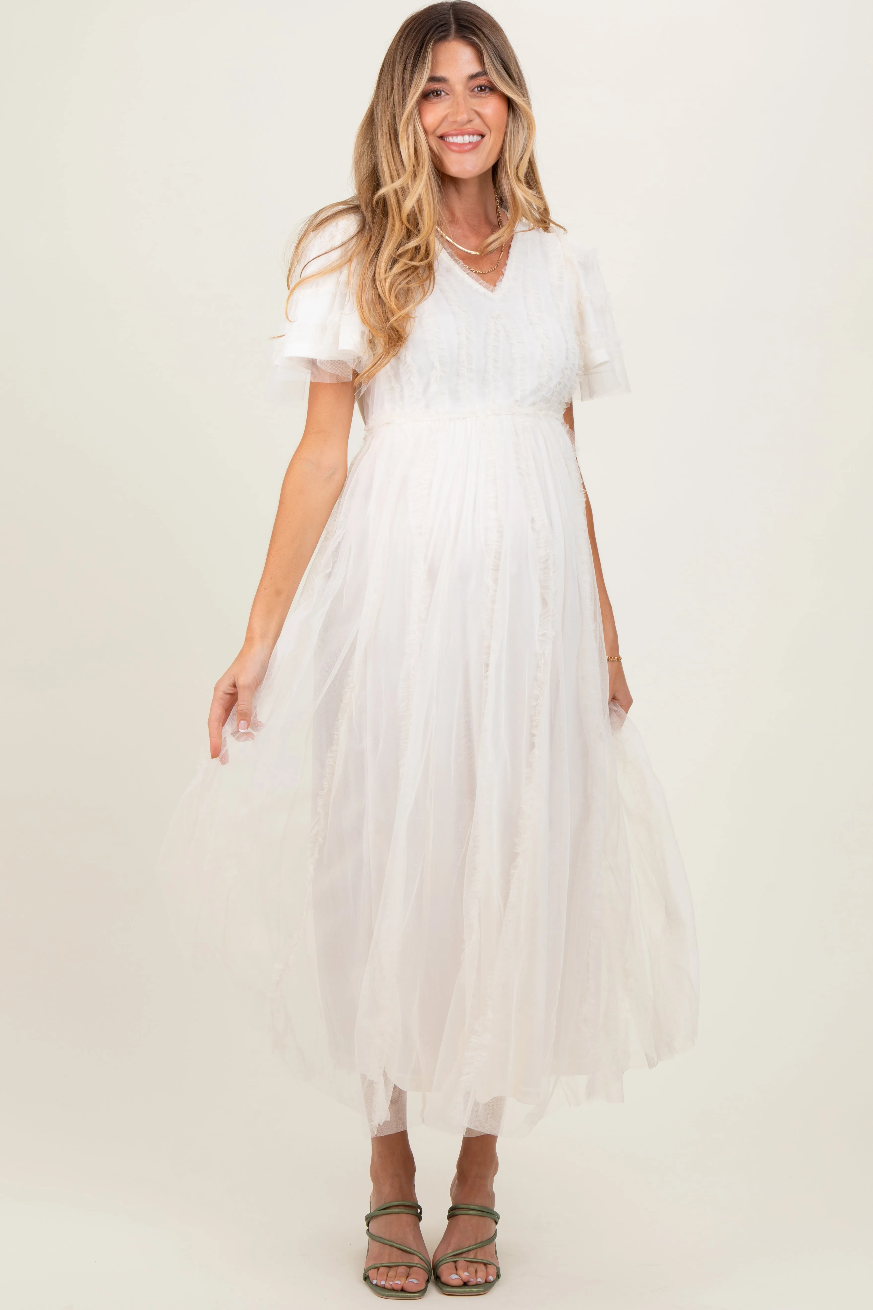 Cream Ruffle Accent Mesh Overlay Maternity Maxi Dress sold by Pinkblush