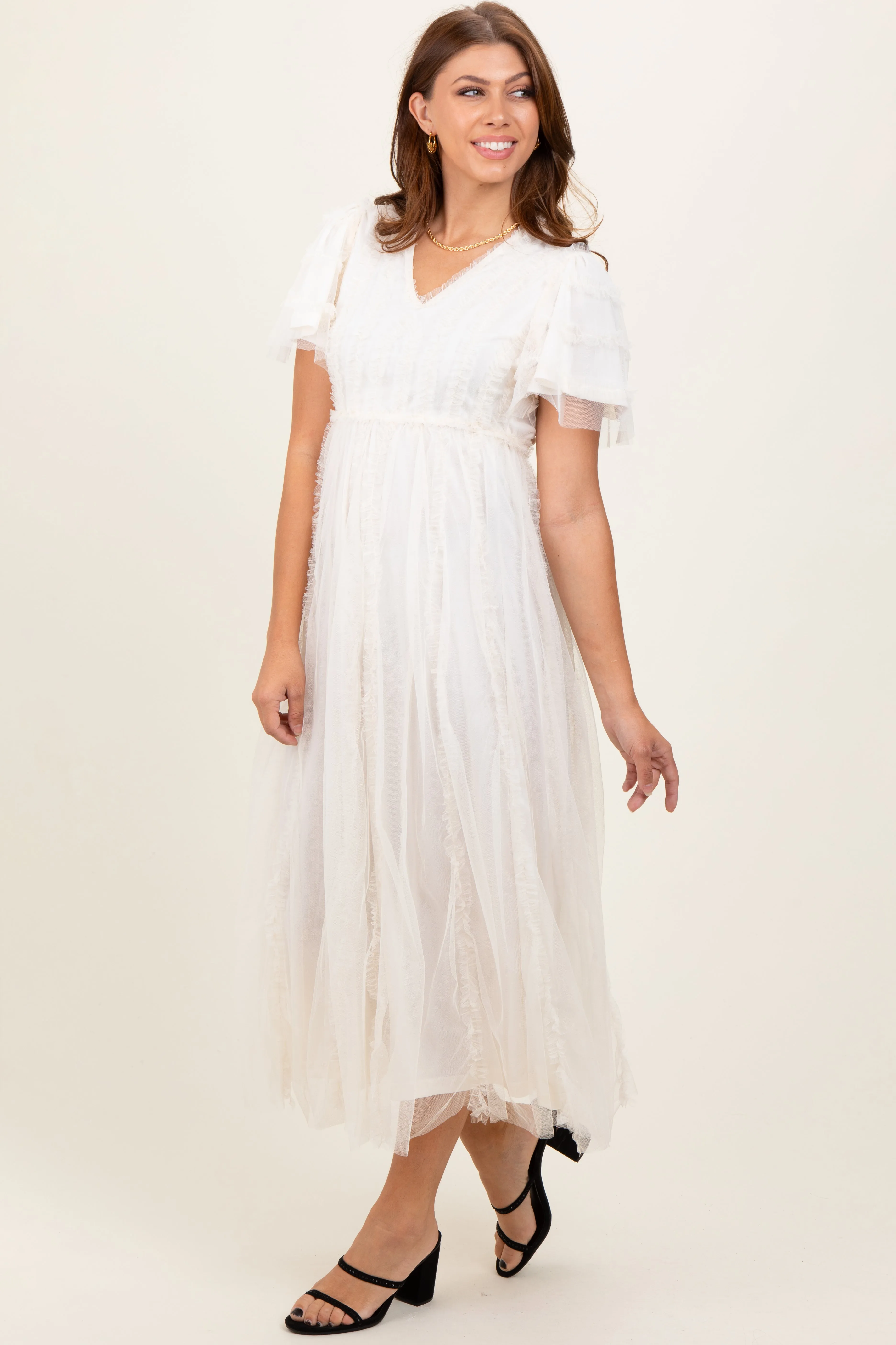 Cream Ruffle Accent Mesh Overlay Maternity Maxi Dress sold by Pinkblush product image thumbnail 5