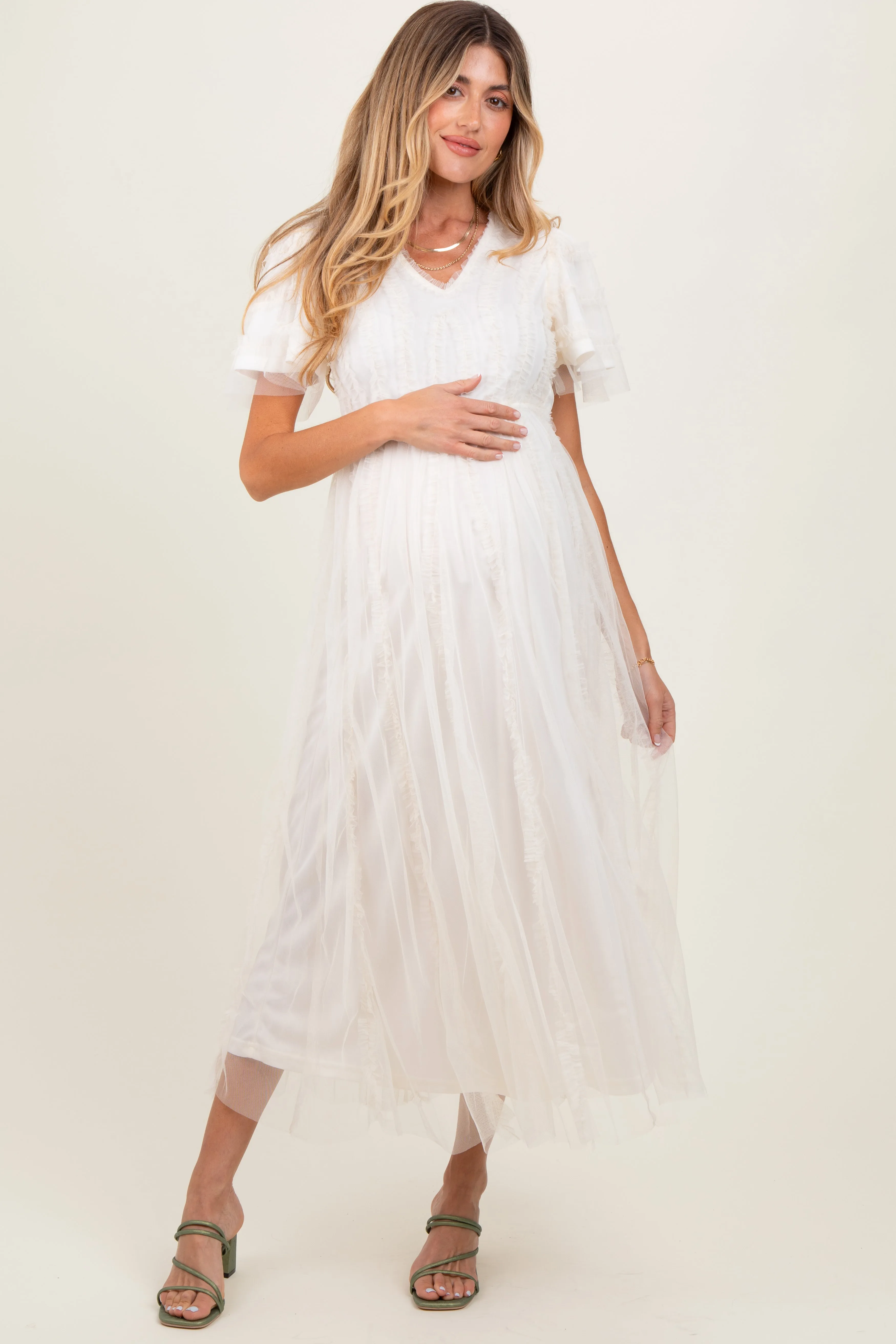 Cream Ruffle Accent Mesh Overlay Maternity Maxi Dress sold by Pinkblush product image thumbnail 2