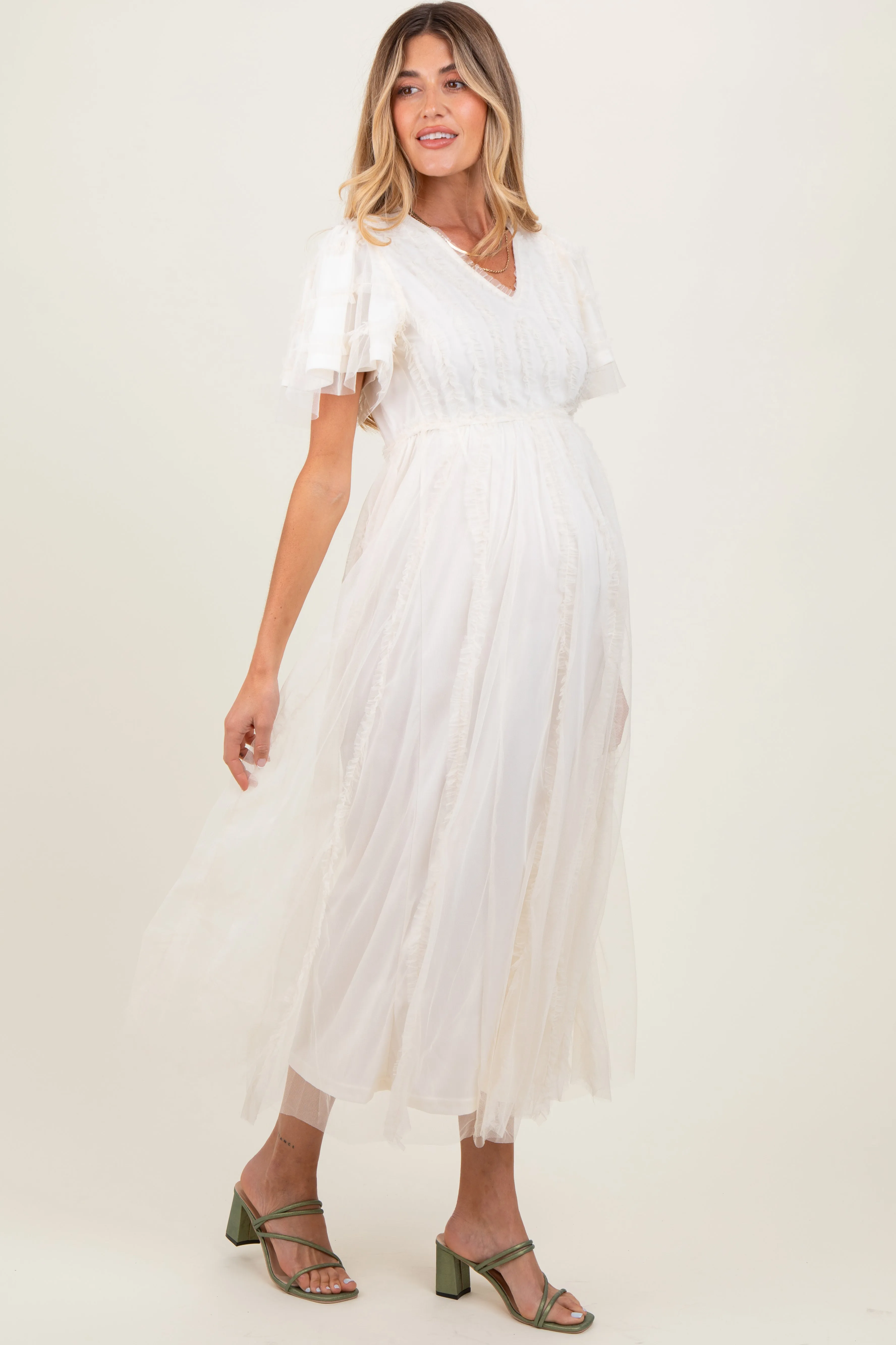 Cream Ruffle Accent Mesh Overlay Maternity Maxi Dress sold by Pinkblush product image thumbnail 3