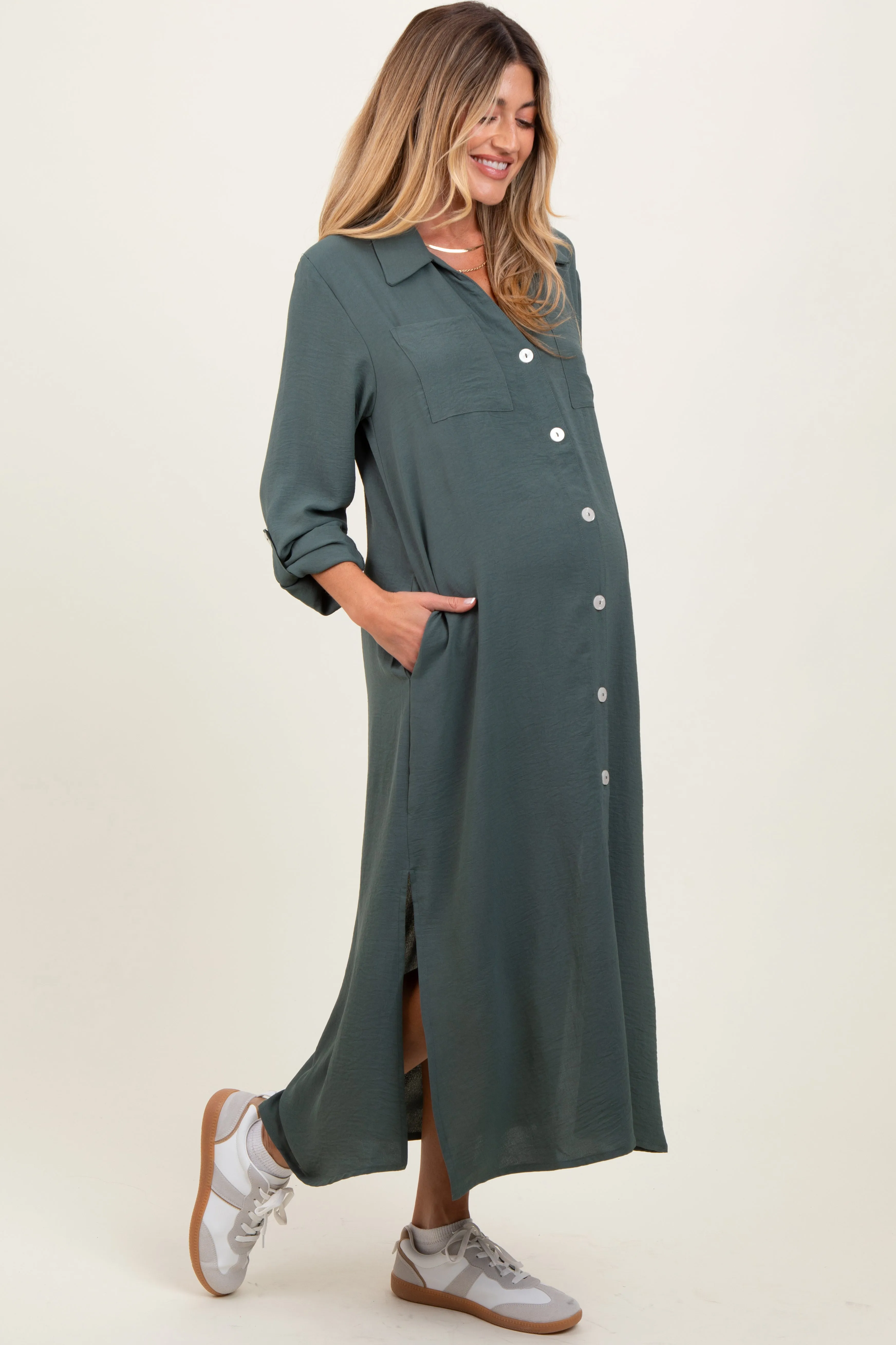 Olive Long Sleeve Button Down Maternity Maxi Dress sold by Pinkblush product image thumbnail 3
