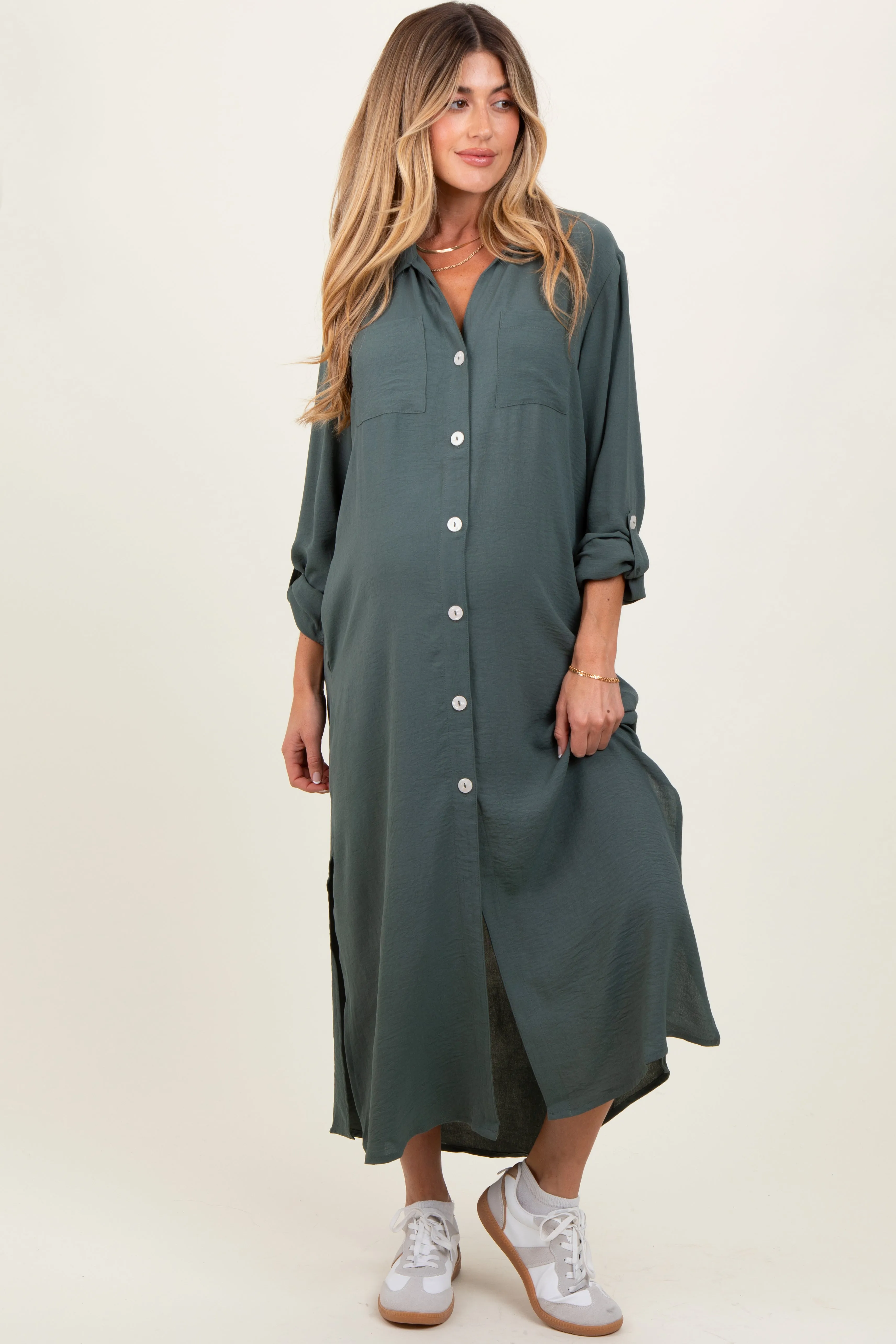Olive Long Sleeve Button Down Maternity Maxi Dress sold by Pinkblush