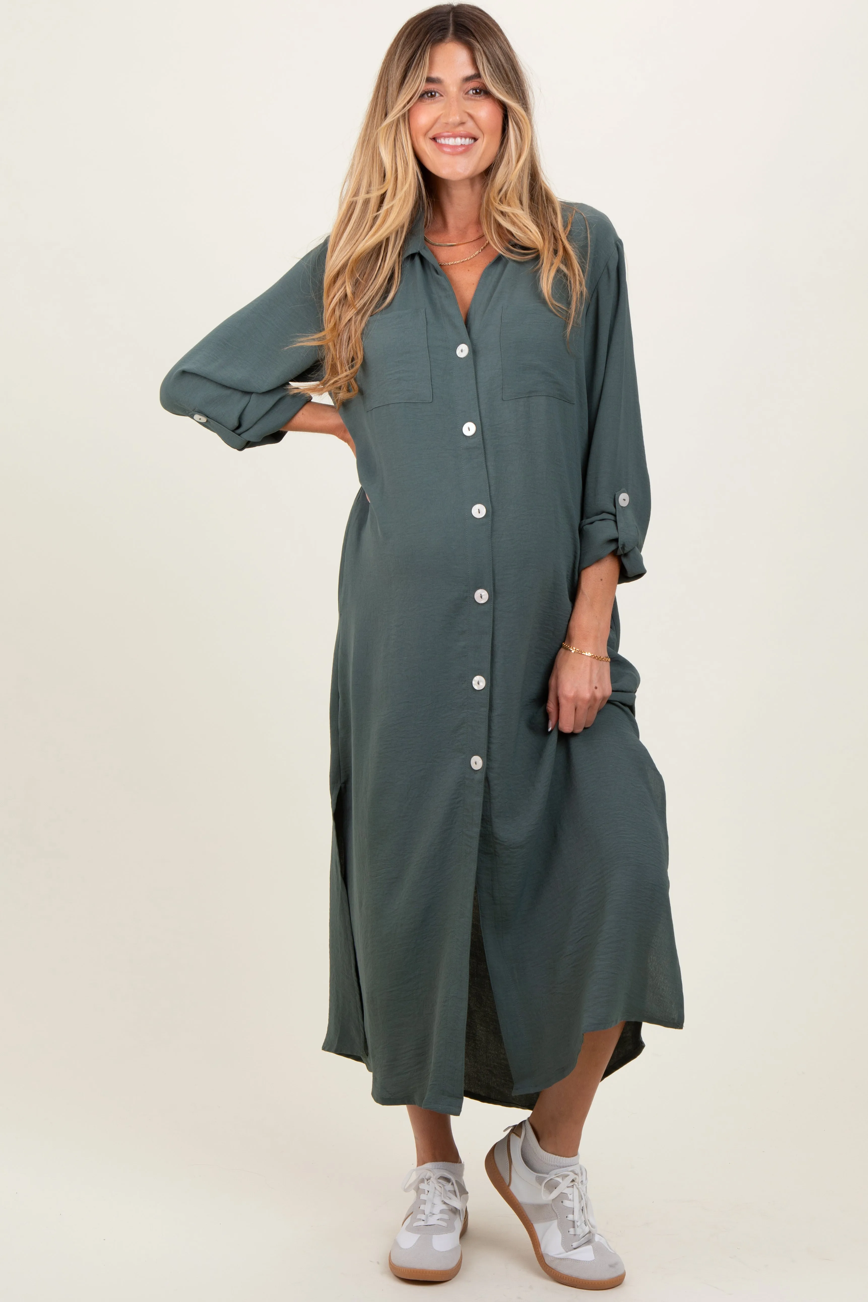 Olive Long Sleeve Button Down Maternity Maxi Dress sold by Pinkblush product image thumbnail 2