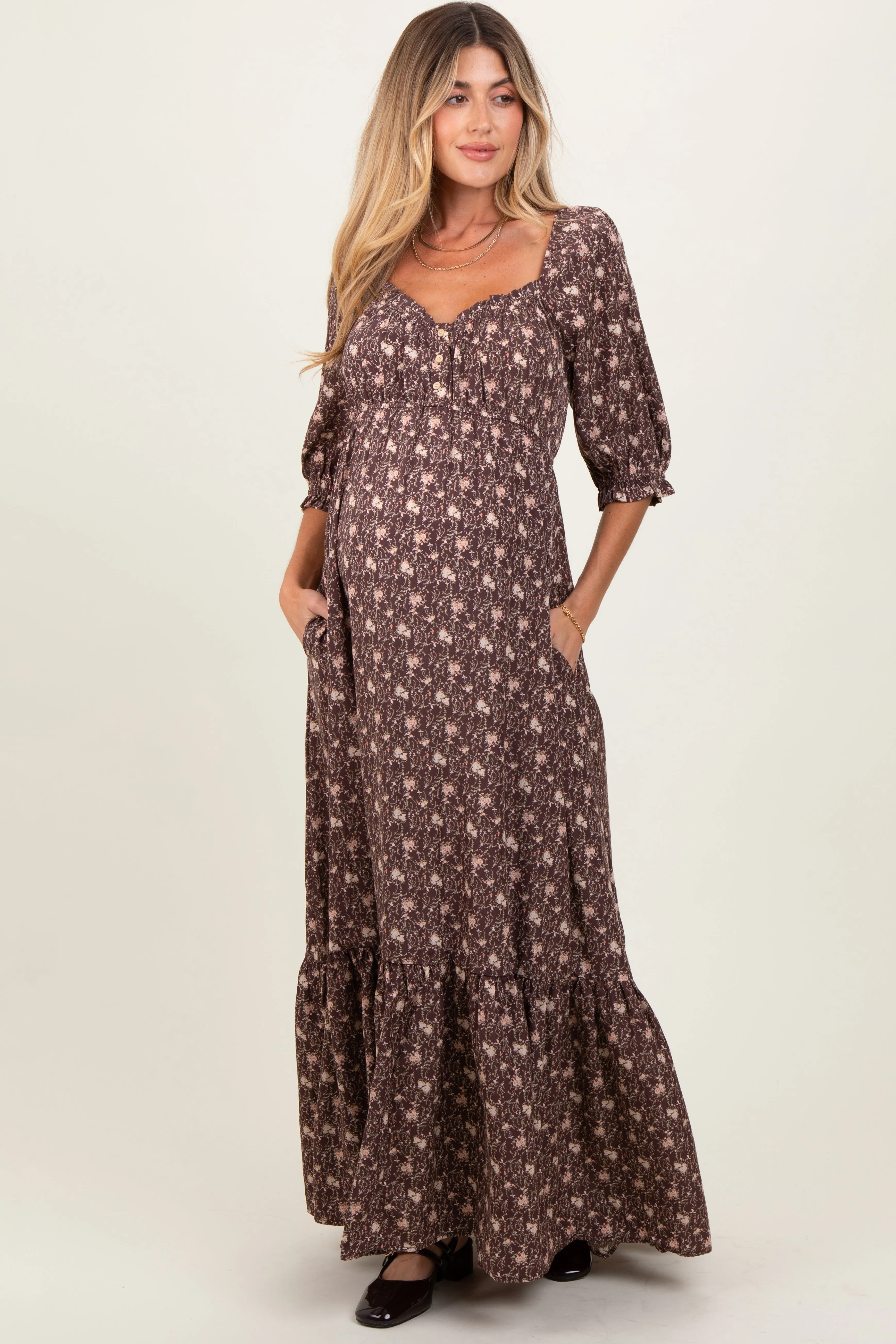 Chestnut Floral Sweetheart Neckline Maternity Maxi Dress sold by Pinkblush product image thumbnail 2