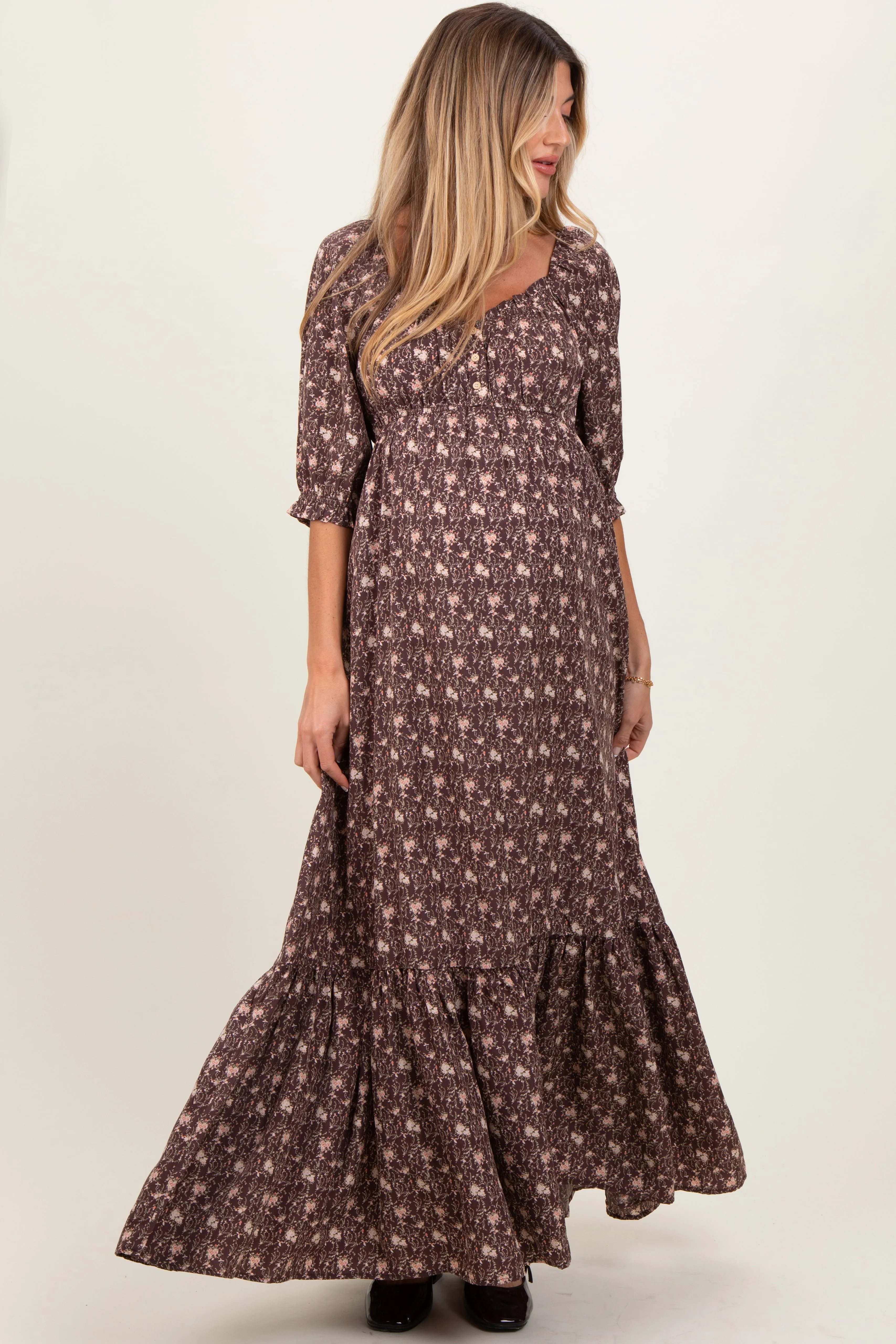 Chestnut Floral Sweetheart Neckline Maternity Maxi Dress sold by Pinkblush