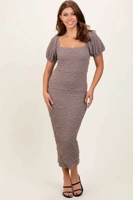 Grey Textured Square Neck Puff Sleeve Midi Dress sold by Pinkblush