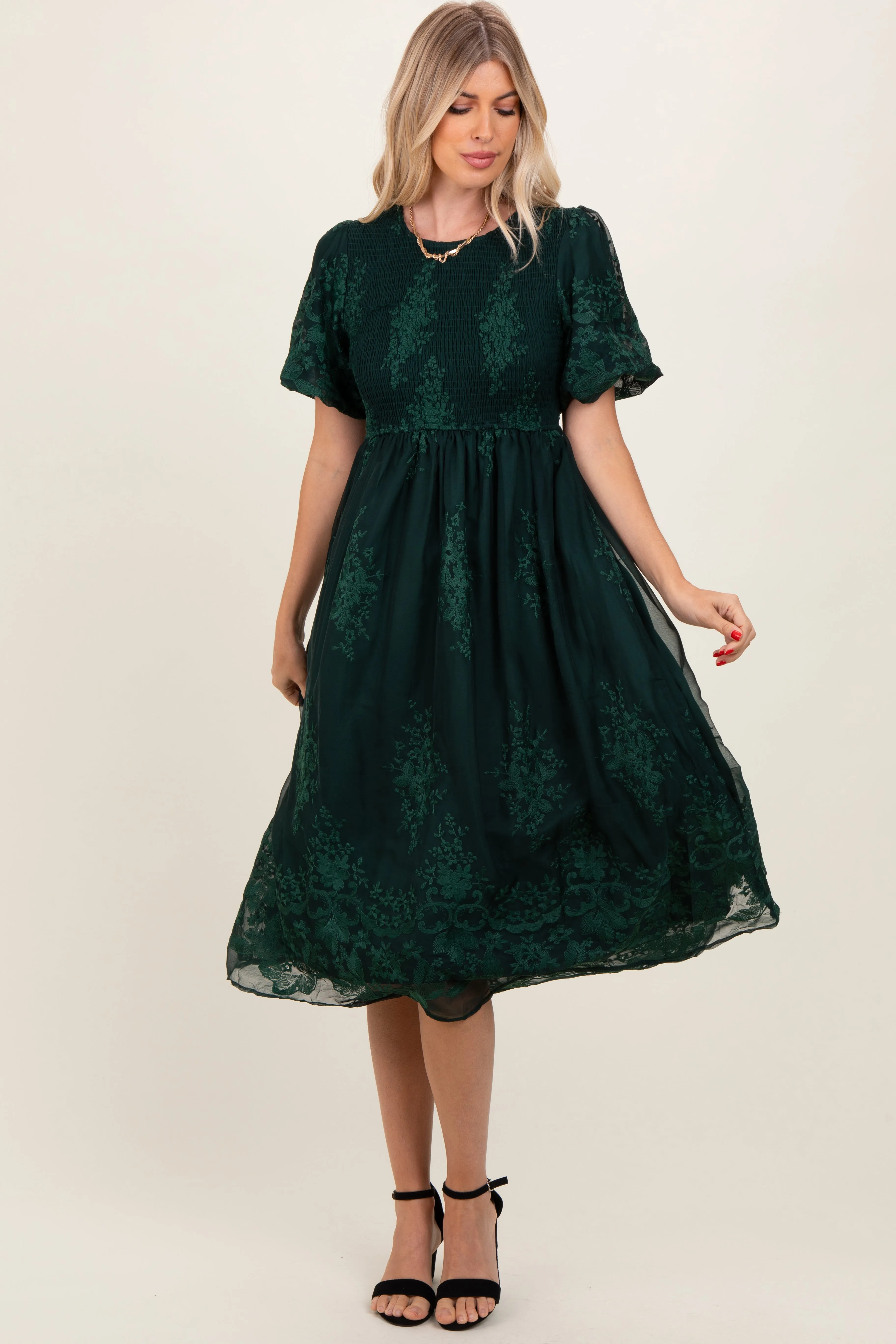 Forest Green Floral Lace Smocked Midi Dress sold by Pinkblush product image thumbnail 3