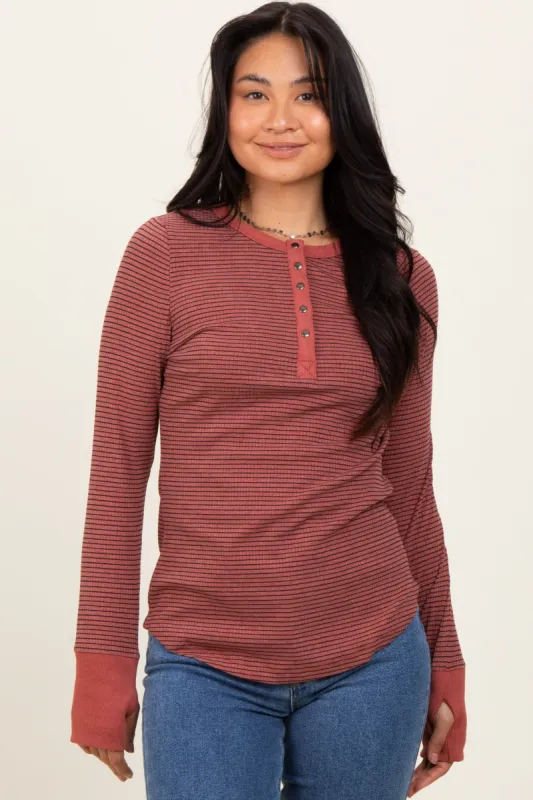 Rust Striped Snap Button Henley Top sold by Pinkblush