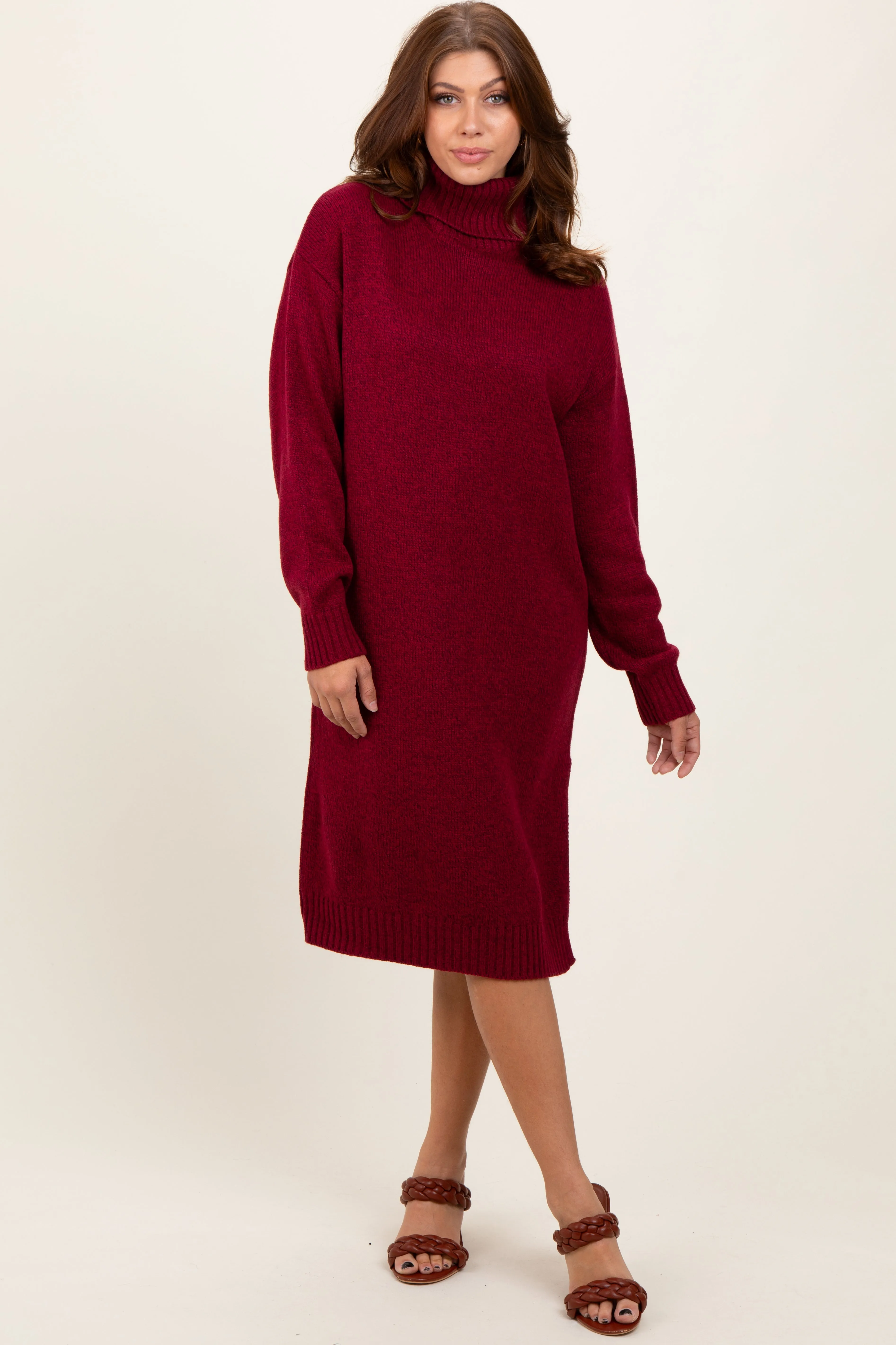 Burgundy Turtleneck Side Slit Midi Sweater Dress sold by Pinkblush product image thumbnail 2