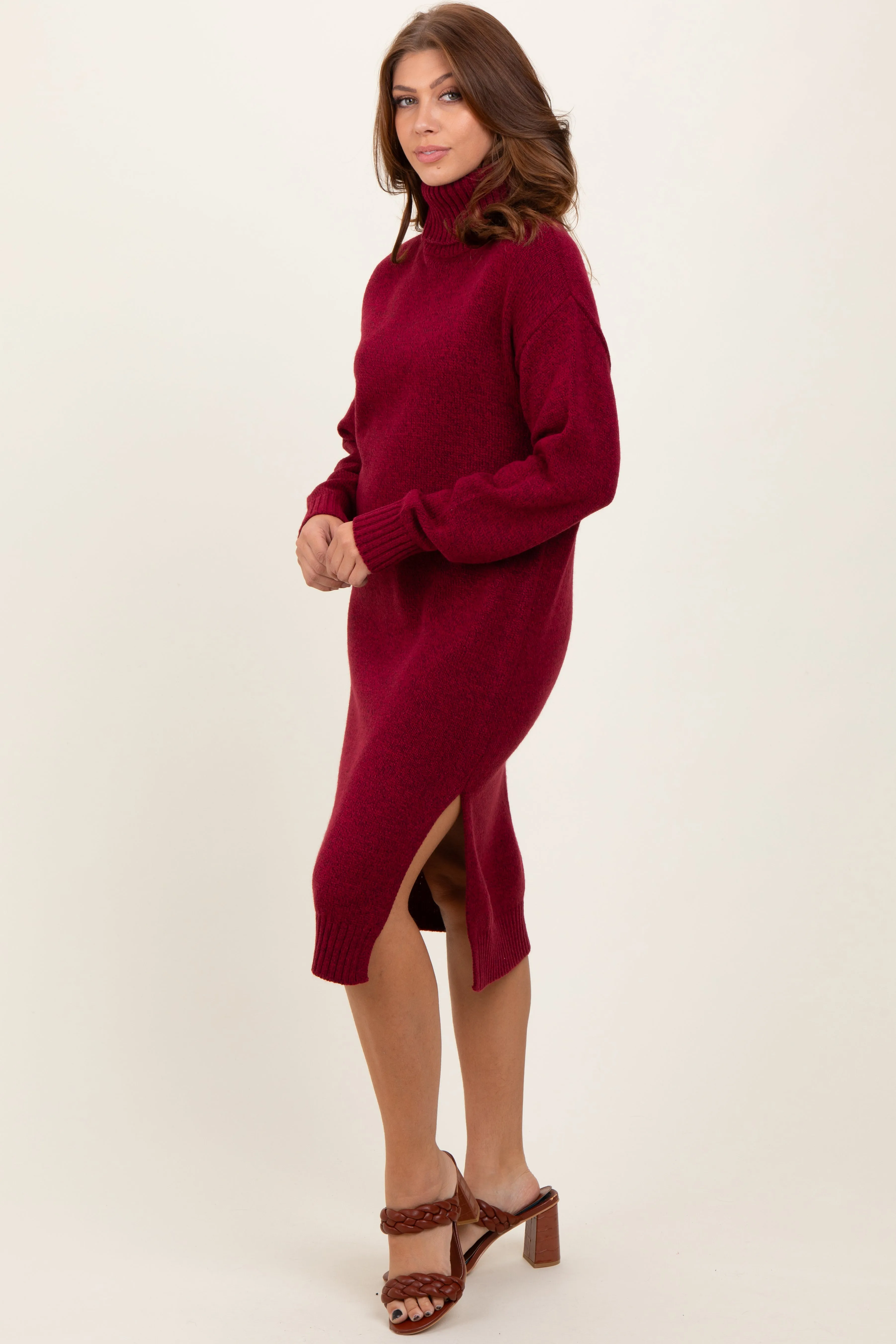 Burgundy Turtleneck Side Slit Midi Sweater Dress sold by Pinkblush
