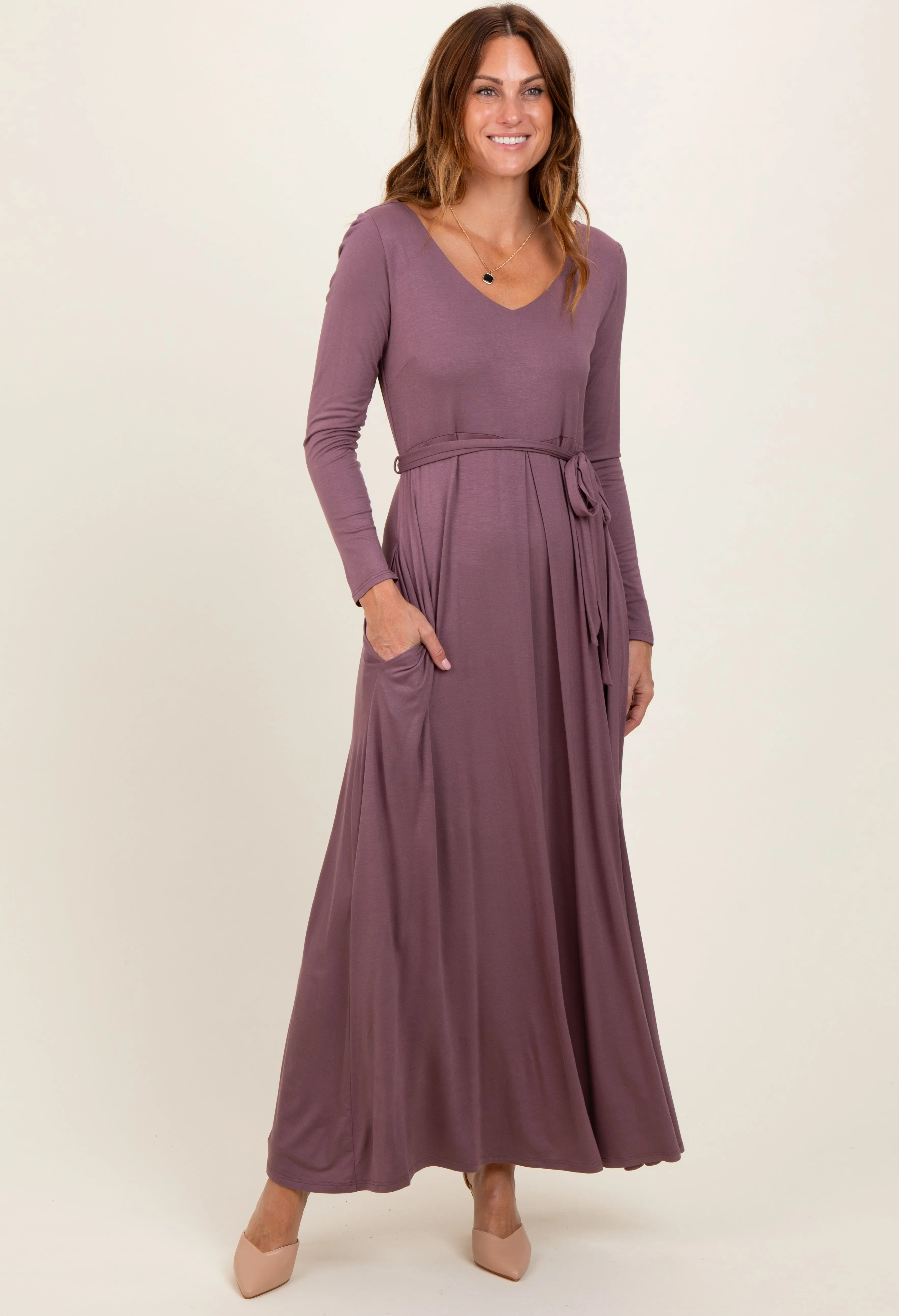 Mauve V-Neck Long Sleeve Sash Tie Maxi Dress sold by Pinkblush product image thumbnail 2