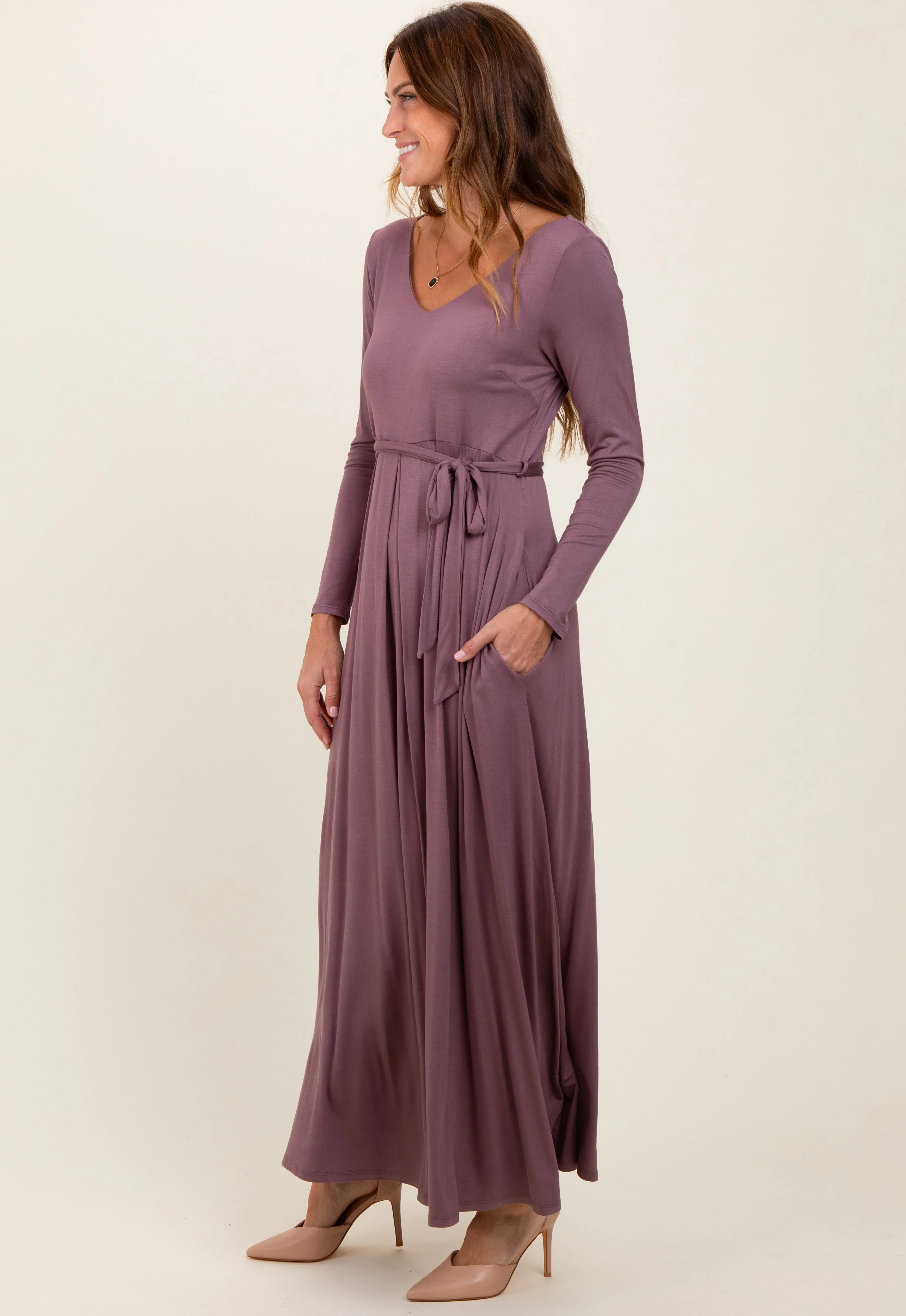 Mauve V-Neck Long Sleeve Sash Tie Maxi Dress sold by Pinkblush product image thumbnail 3