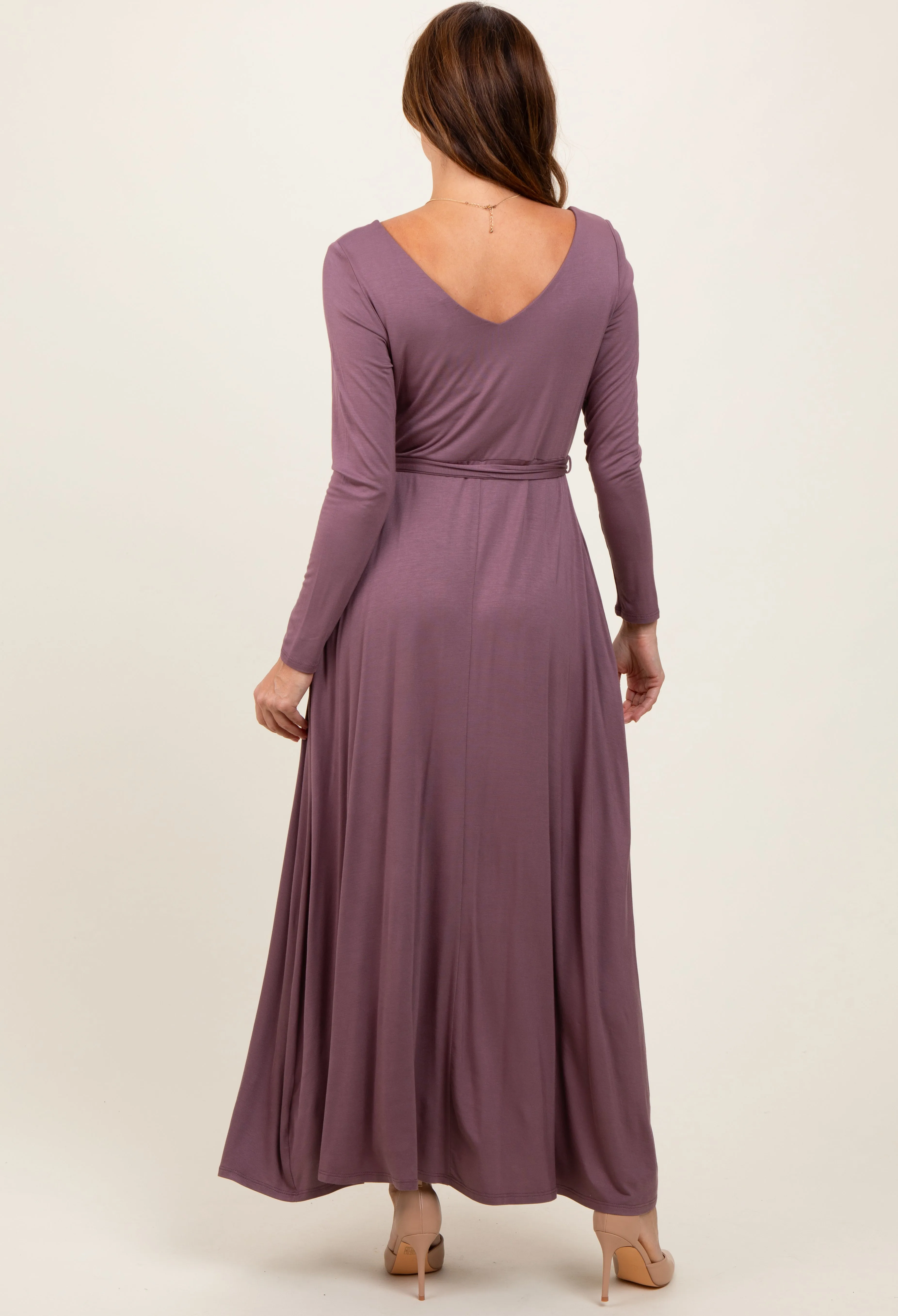 Mauve V-Neck Long Sleeve Sash Tie Maxi Dress sold by Pinkblush product image thumbnail 4