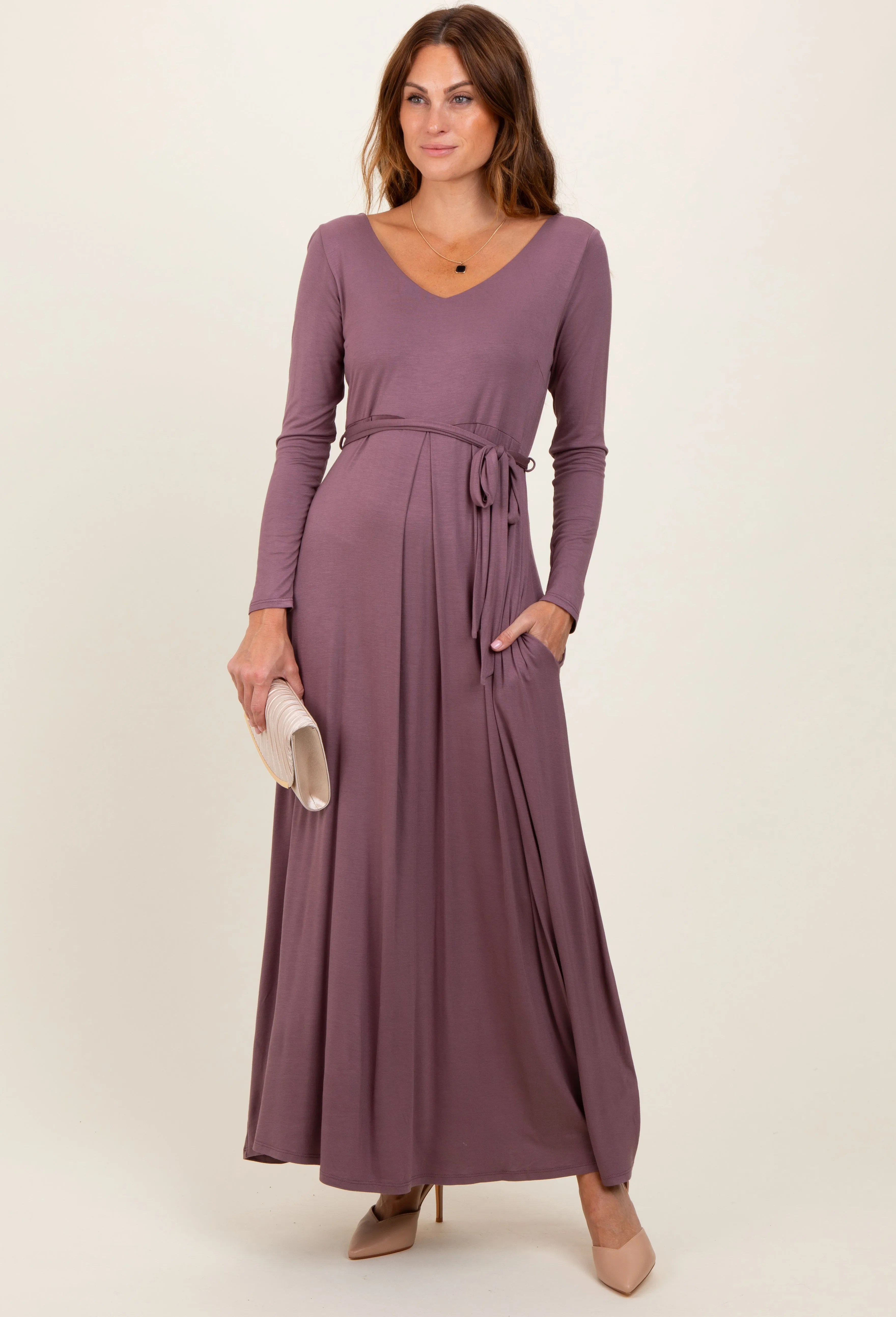 Mauve V-Neck Long Sleeve Sash Tie Maxi Dress sold by Pinkblush