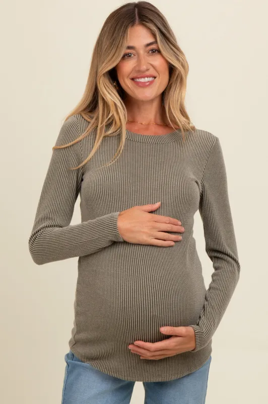 Olive Ribbed Scoop Neck Long Sleeve Maternity Top sold by Pinkblush
