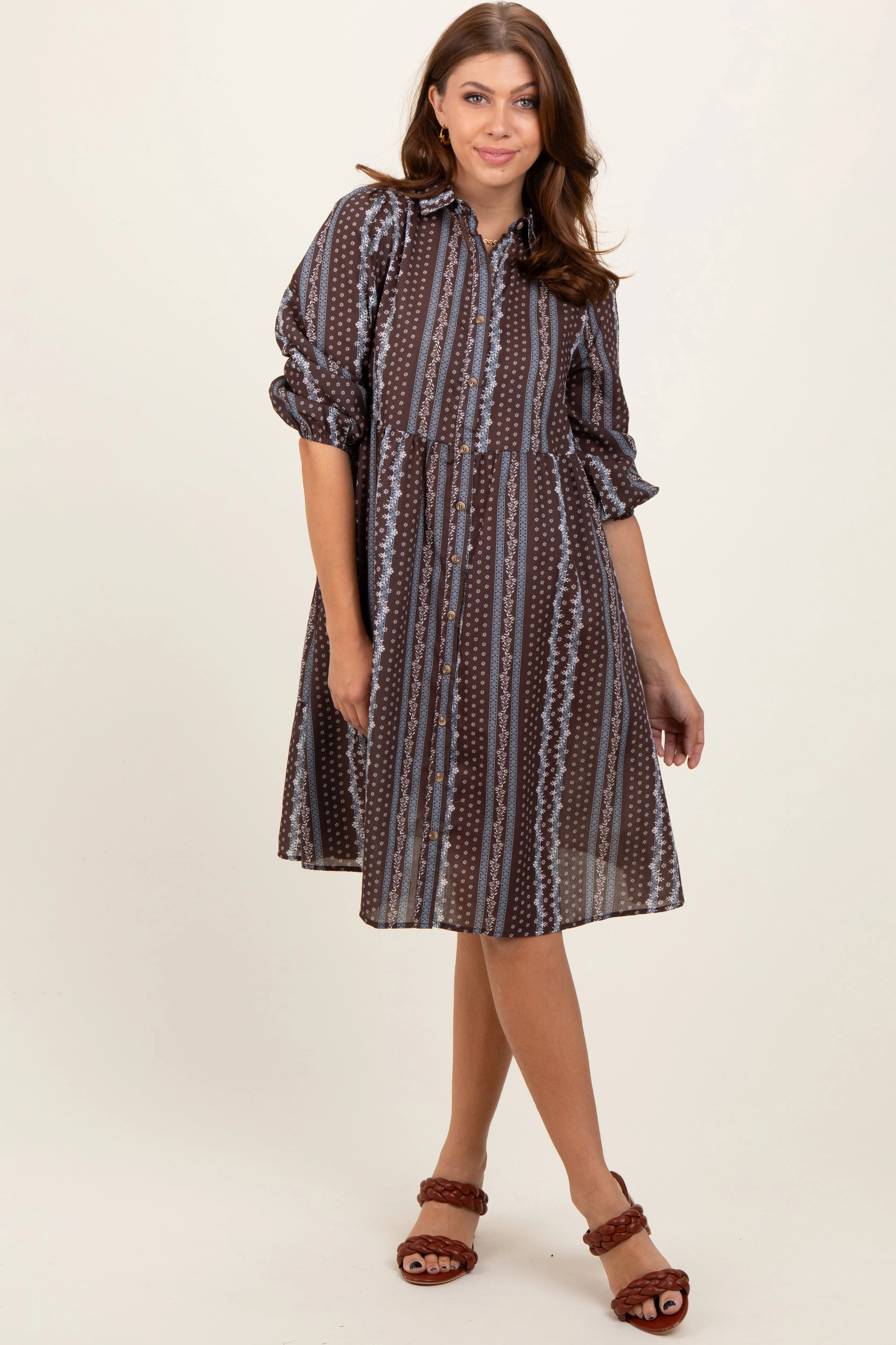 Brown Floral Striped Button Down Midi Dress sold by Pinkblush