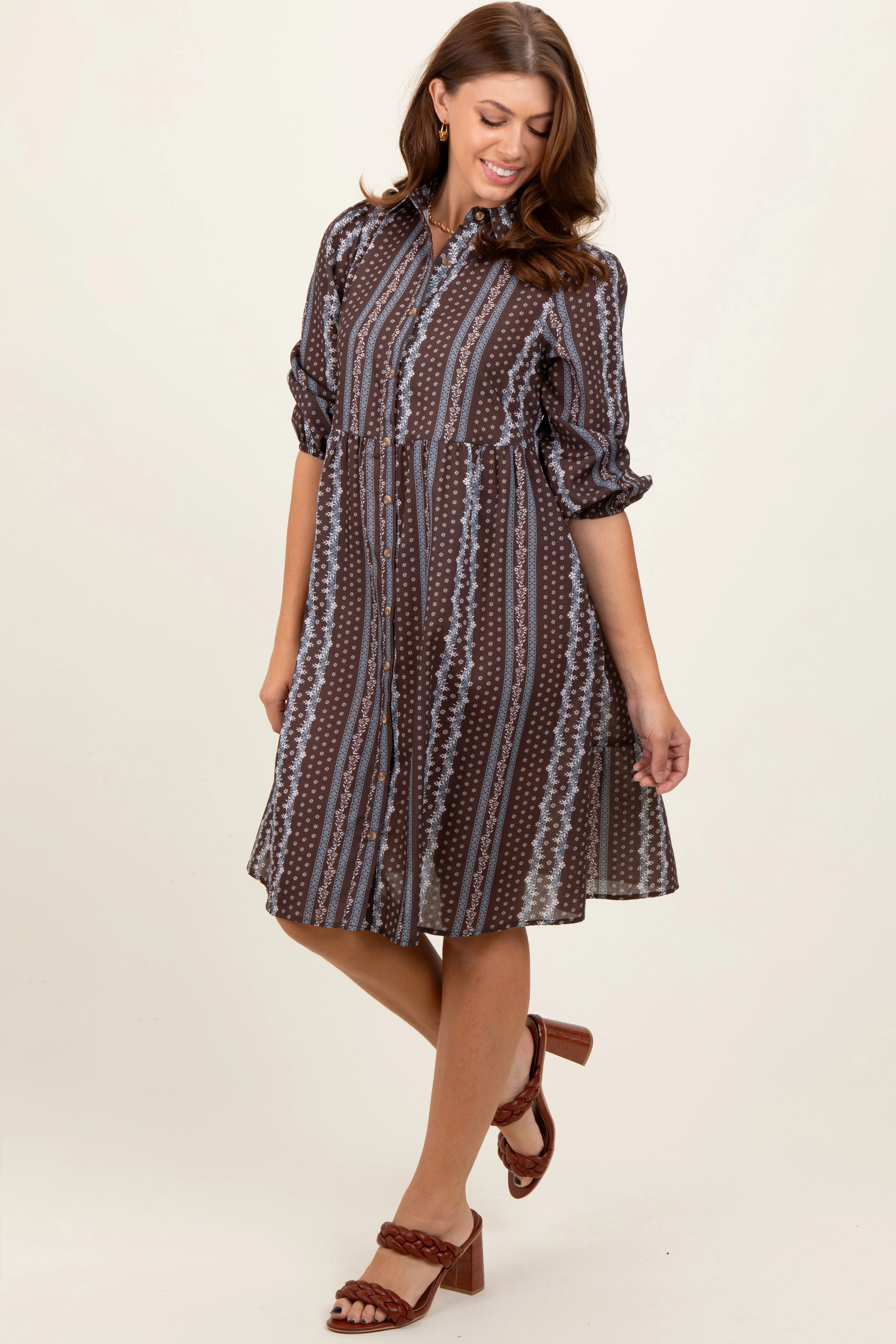 Brown Floral Striped Button Down Midi Dress sold by Pinkblush product image thumbnail 2